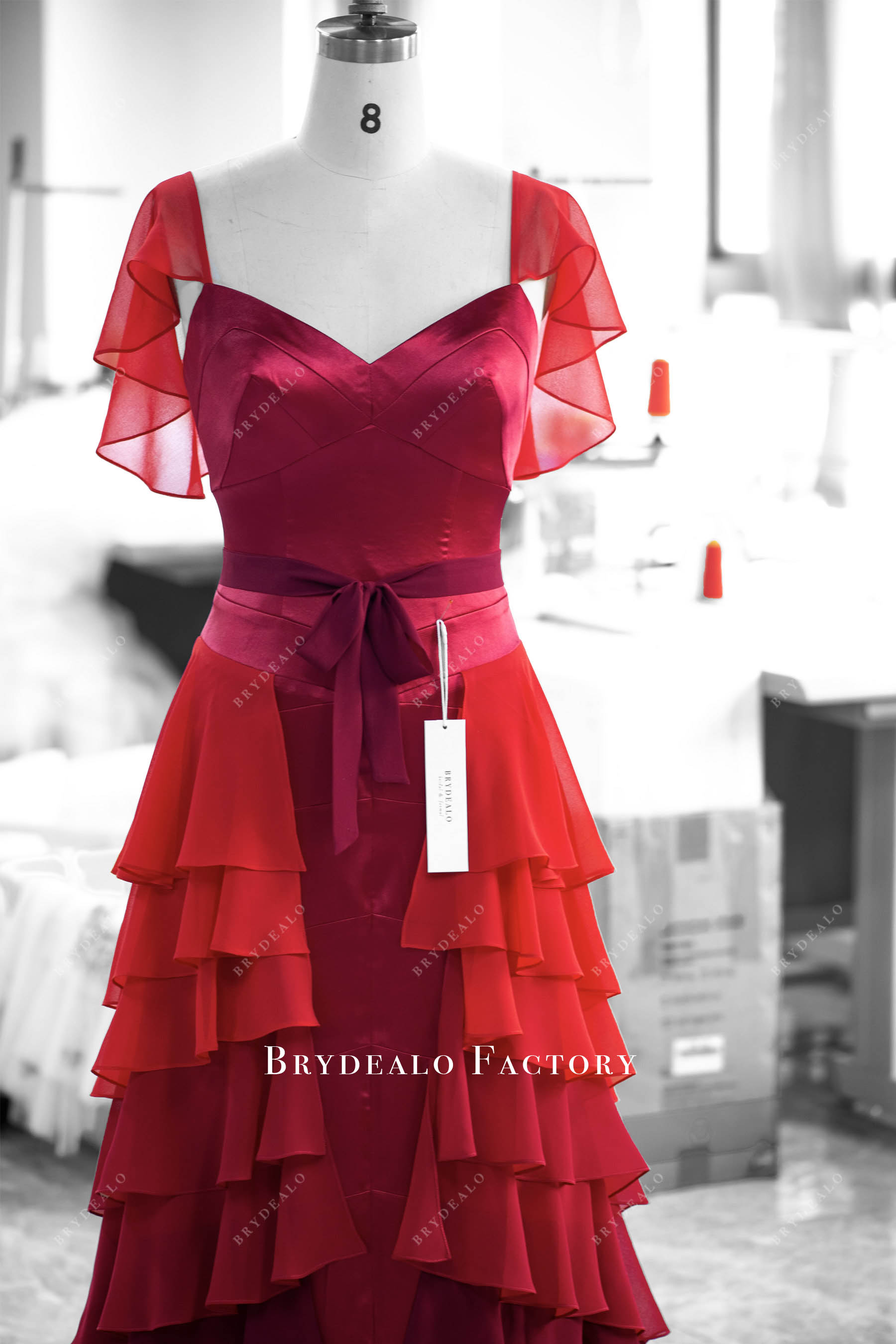 Ombre Red Flutter Sleeve Tiered Chiffon Aline Prom Dress