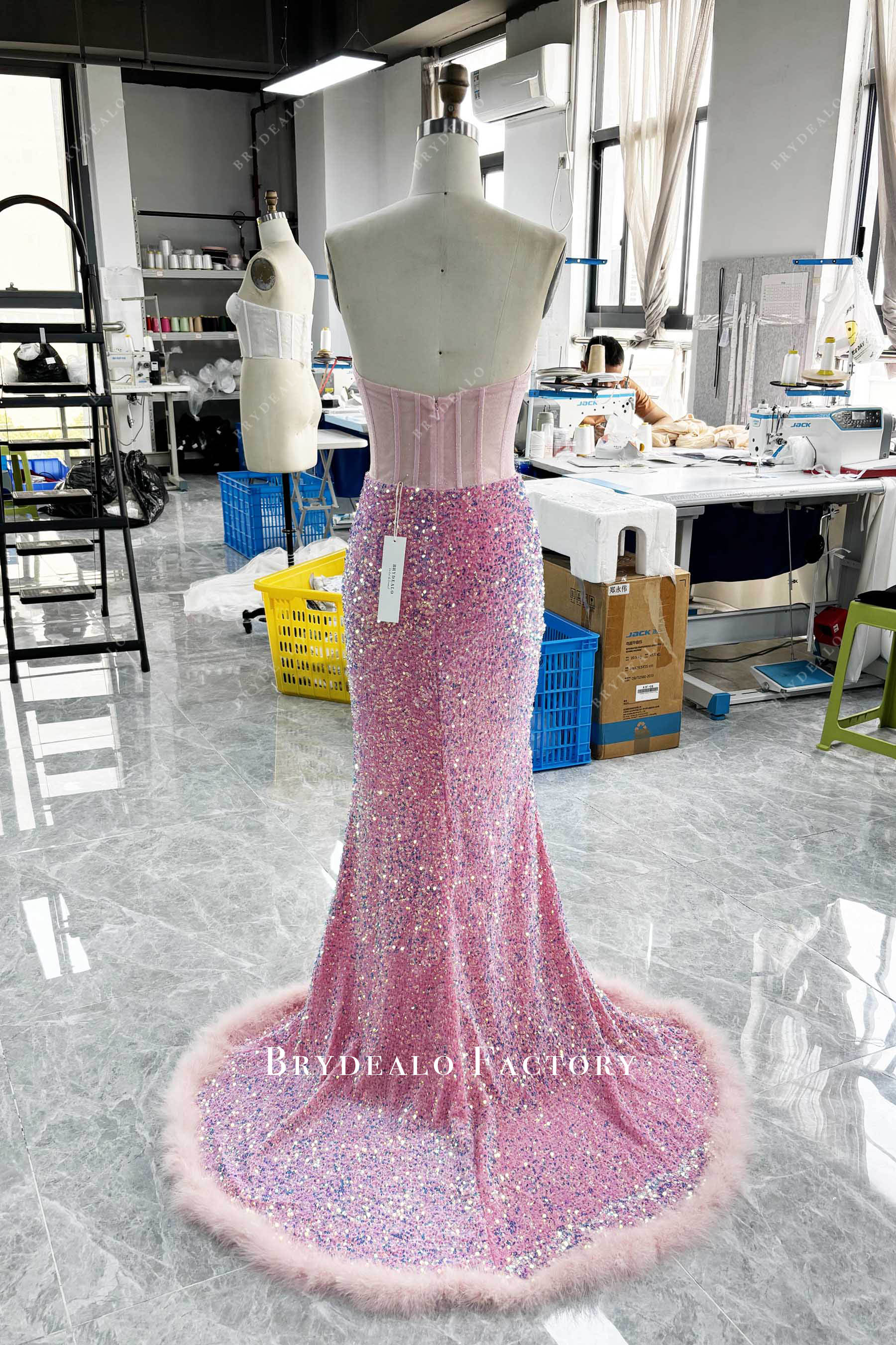 tailor-made pink feather prom dress