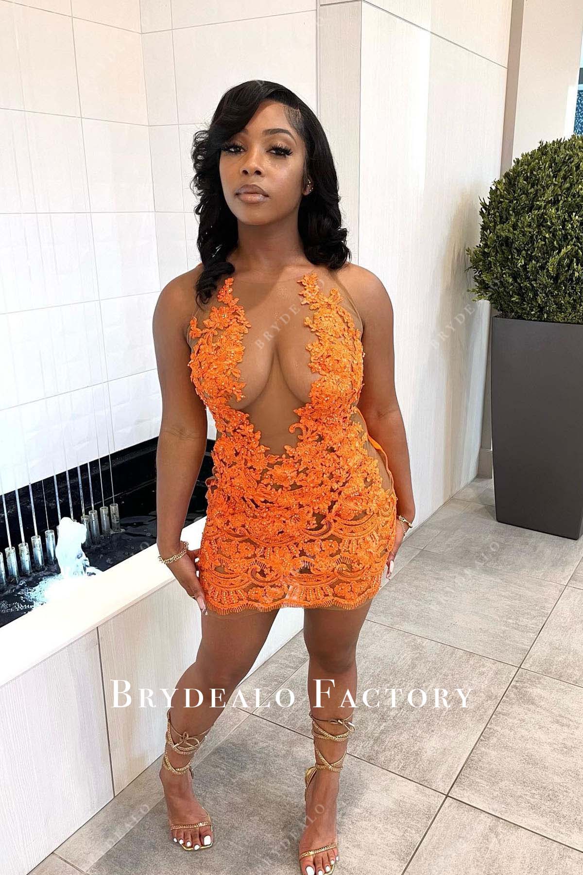 tangerine lace mini prom dress