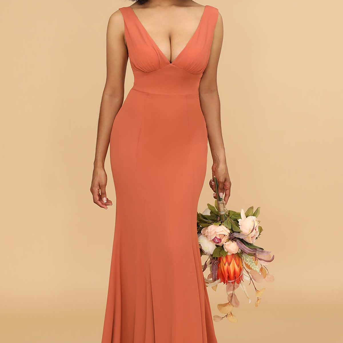 strapless open back dress Tangerine Jersey Sleeveless Fit and Flare Evening Prom Bridesmaid Dress