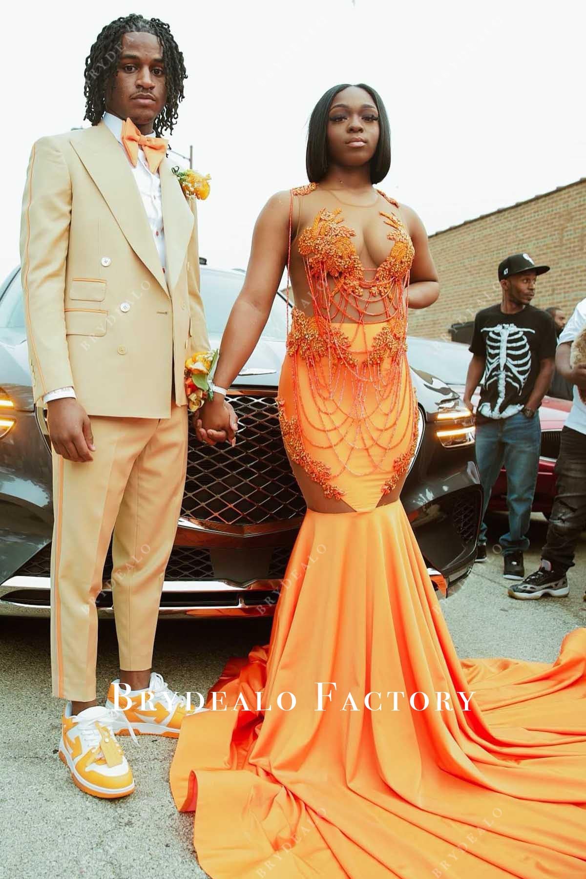 tangerine sleeveless trumpet prom dress