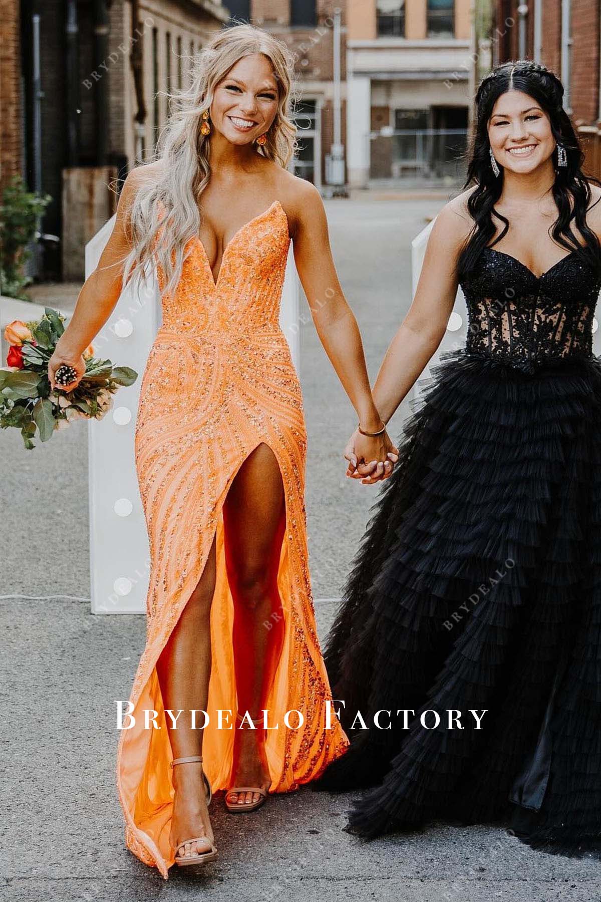 tangerine strapless slit homecoming dress