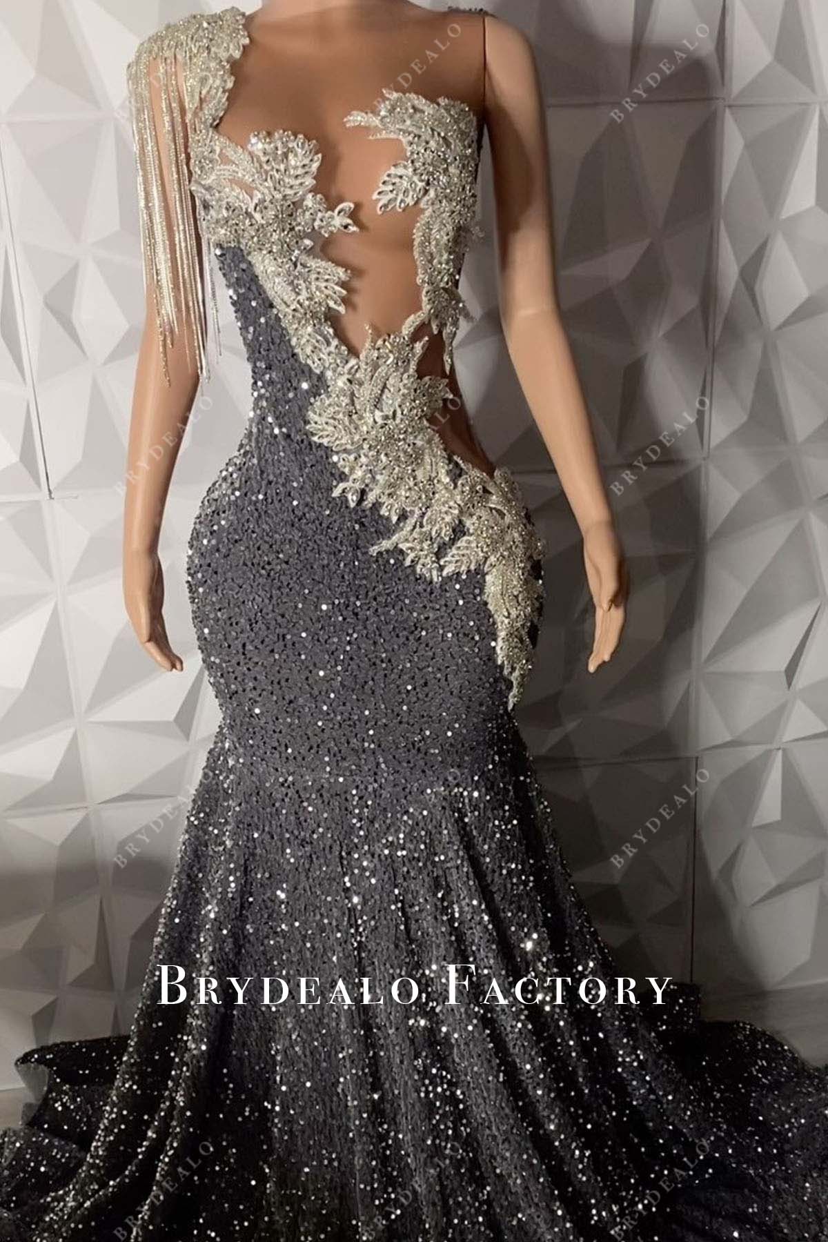 tassel rhinestones grey sequined mermaid prom dress