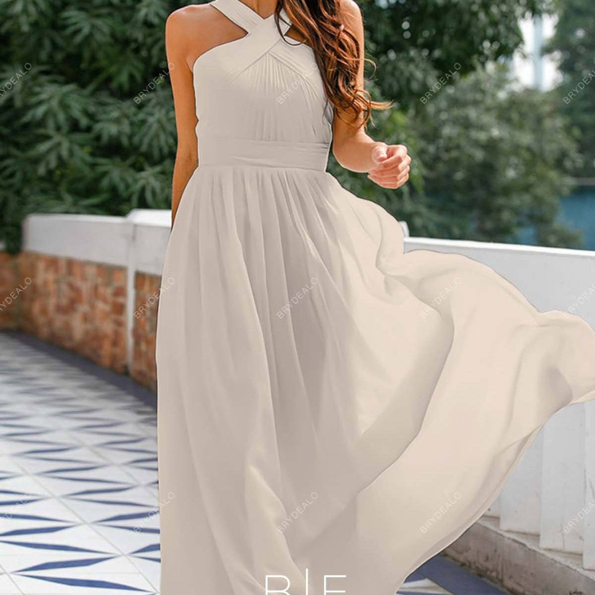 Taupe Chiffon Pleated Halter Floor Length A-line Bridesmaid Evening Dress Taupe Chiffon Pleated Halter Floor Length A-line Bridesmaid Evening Dress