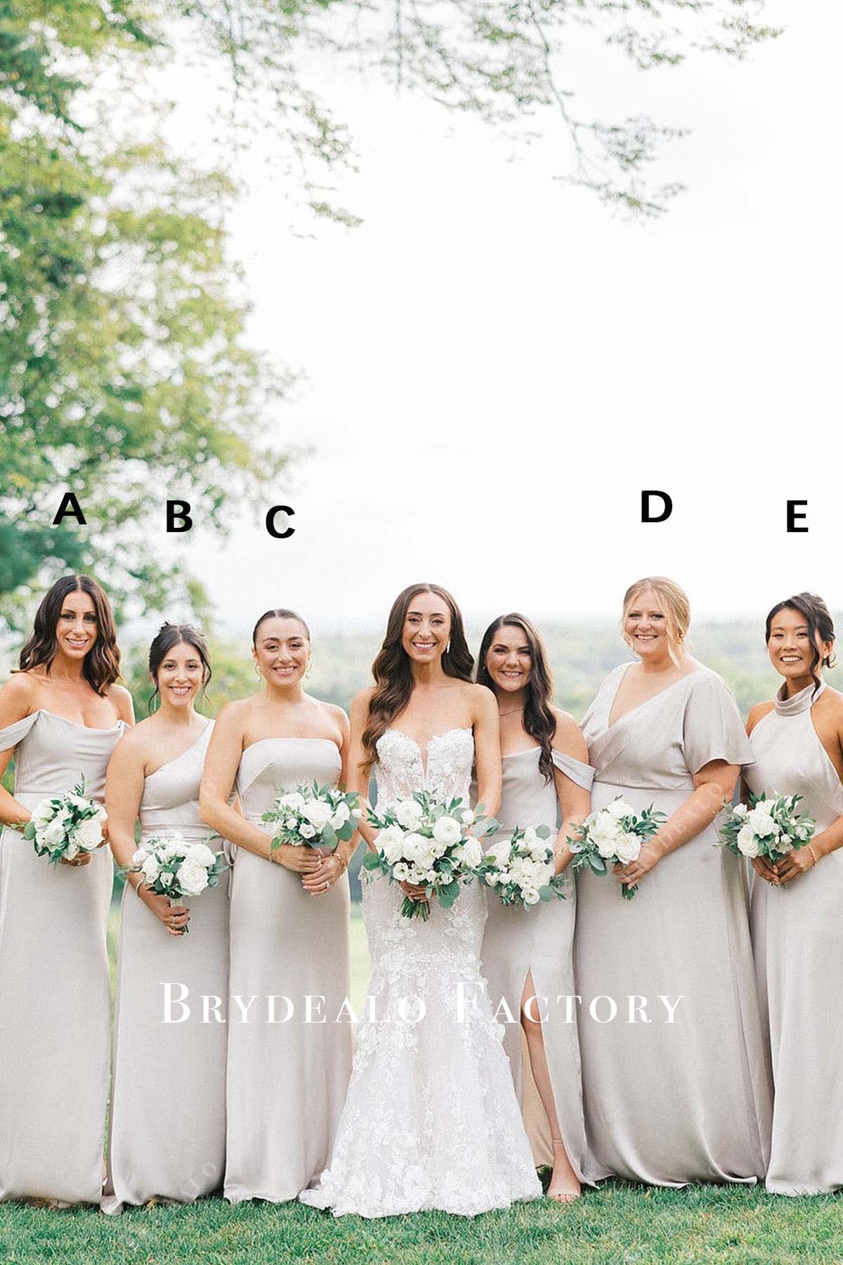 taupe floor length mismatched bridesmaid dresses