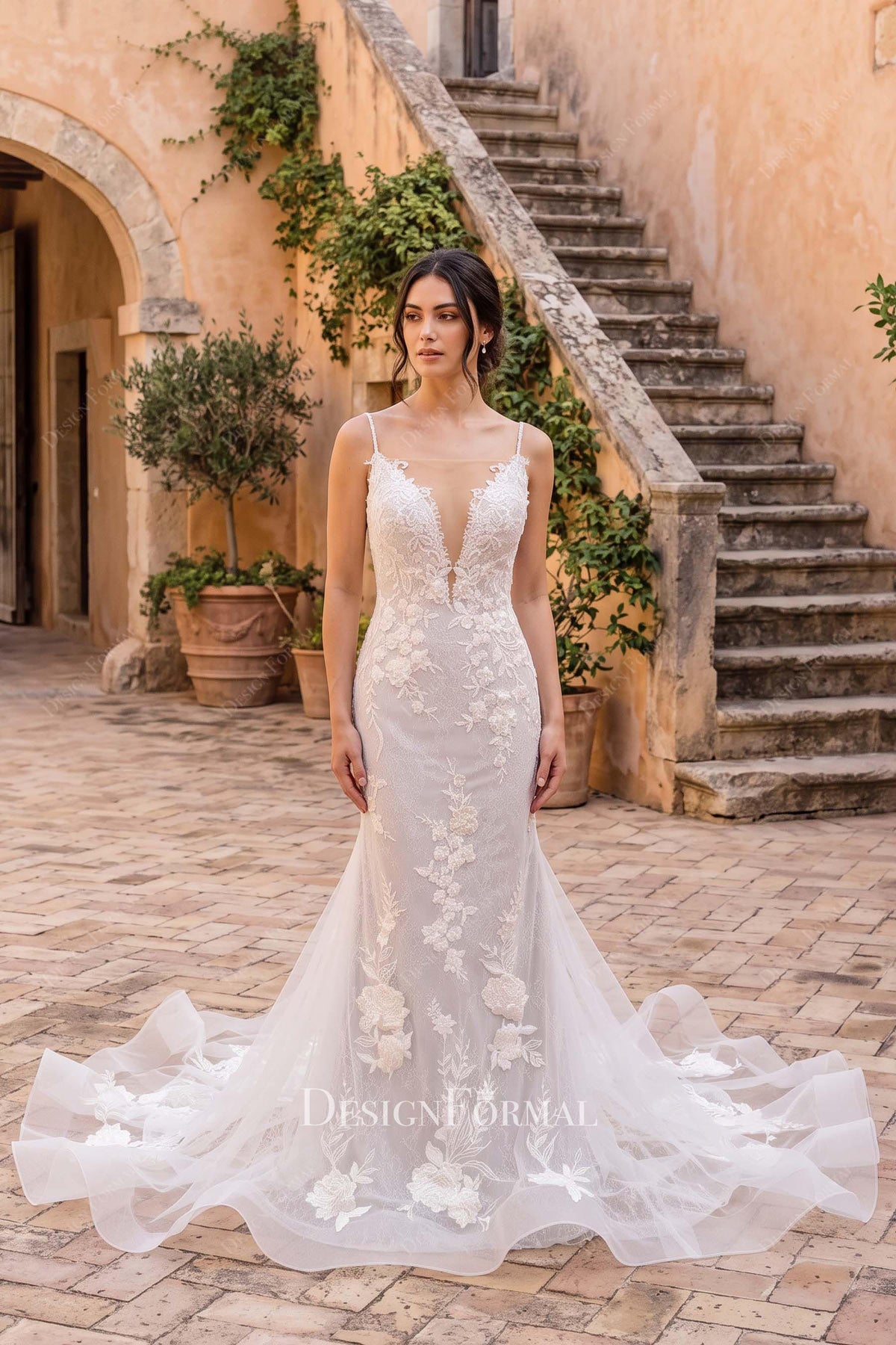 taupe lace applique trumpet wedding dress