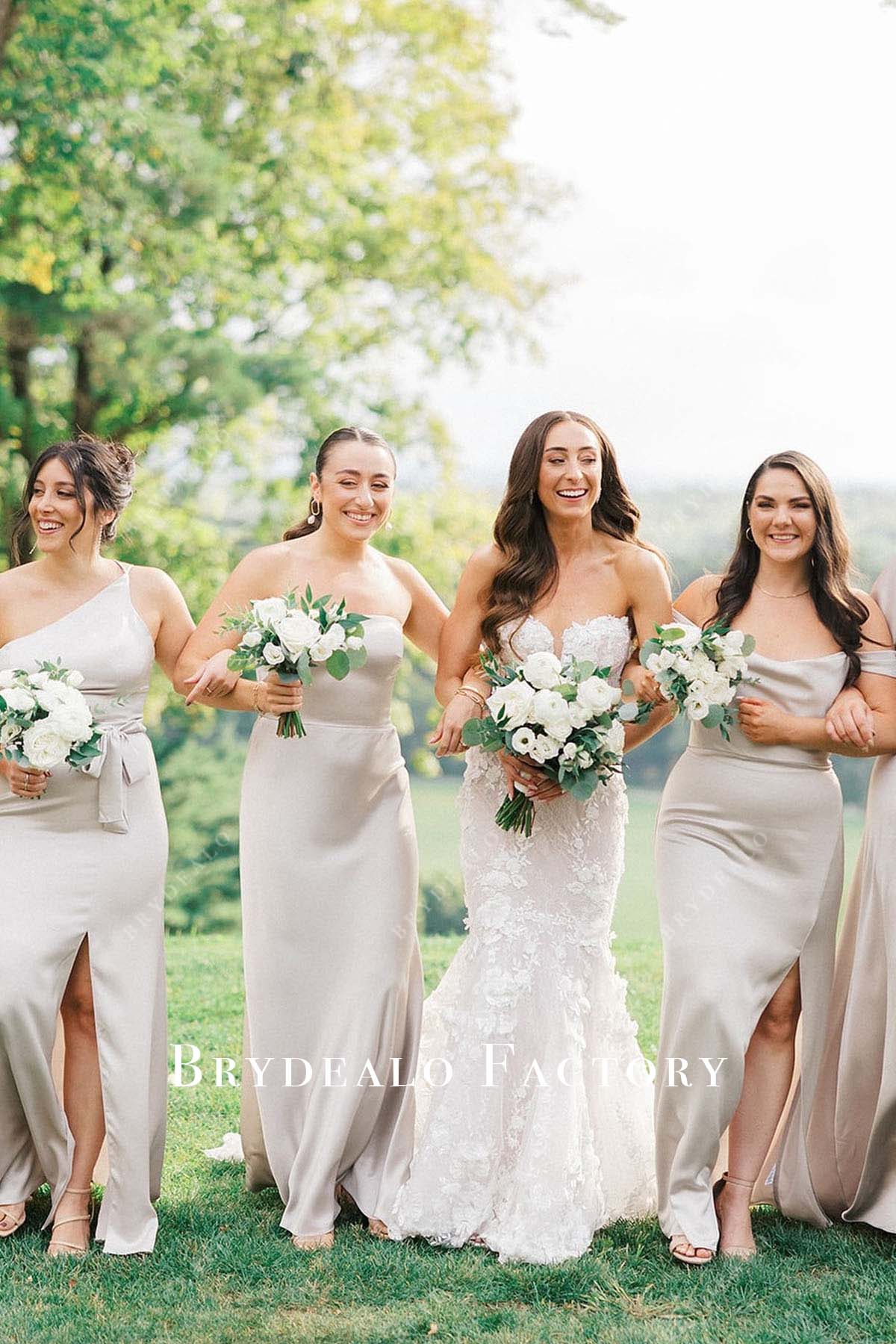 taupe one shoulder mismatched bridesmaid dresses