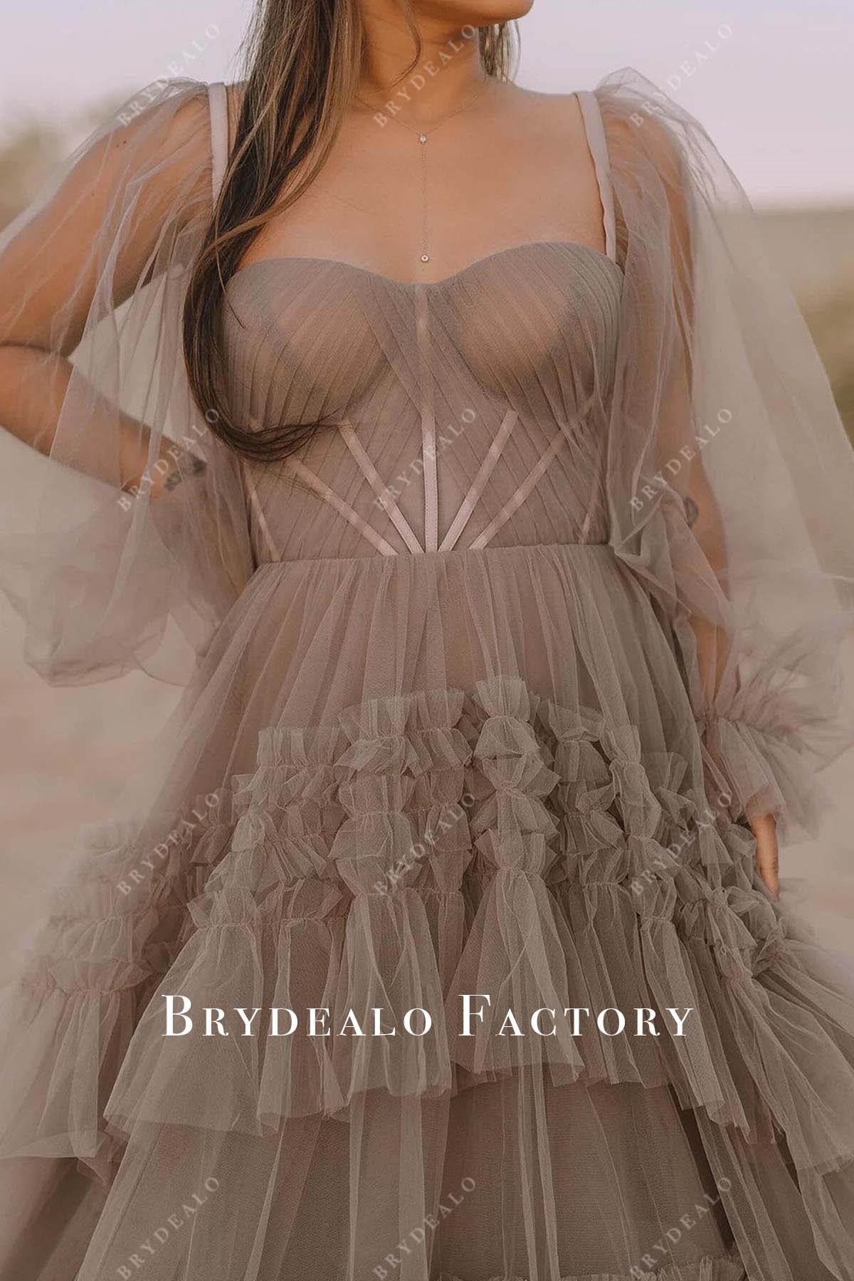 taupe tulle sheer sleeves bridal dress