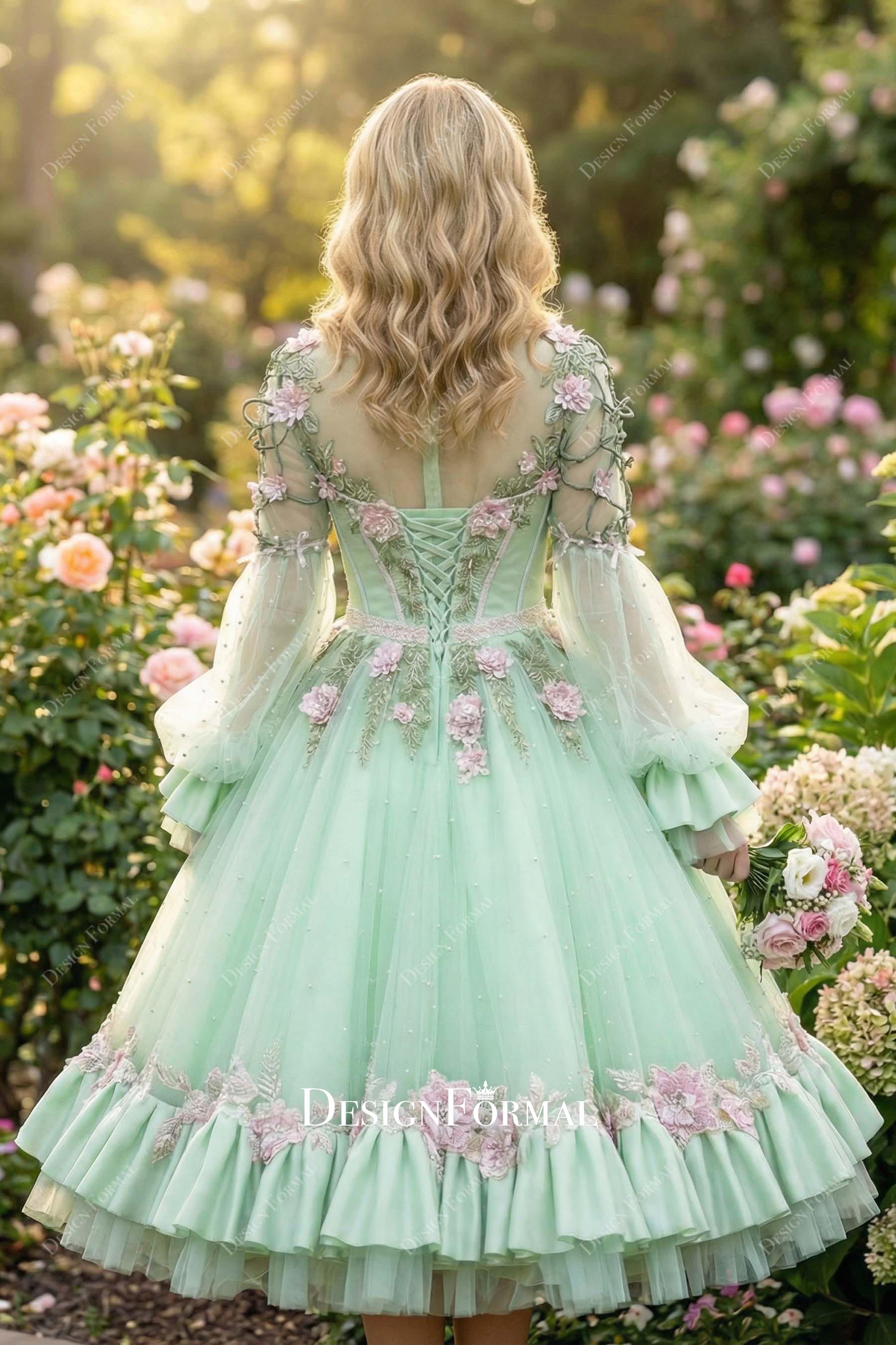 tea length A-line mint green wedding forest wedding gown