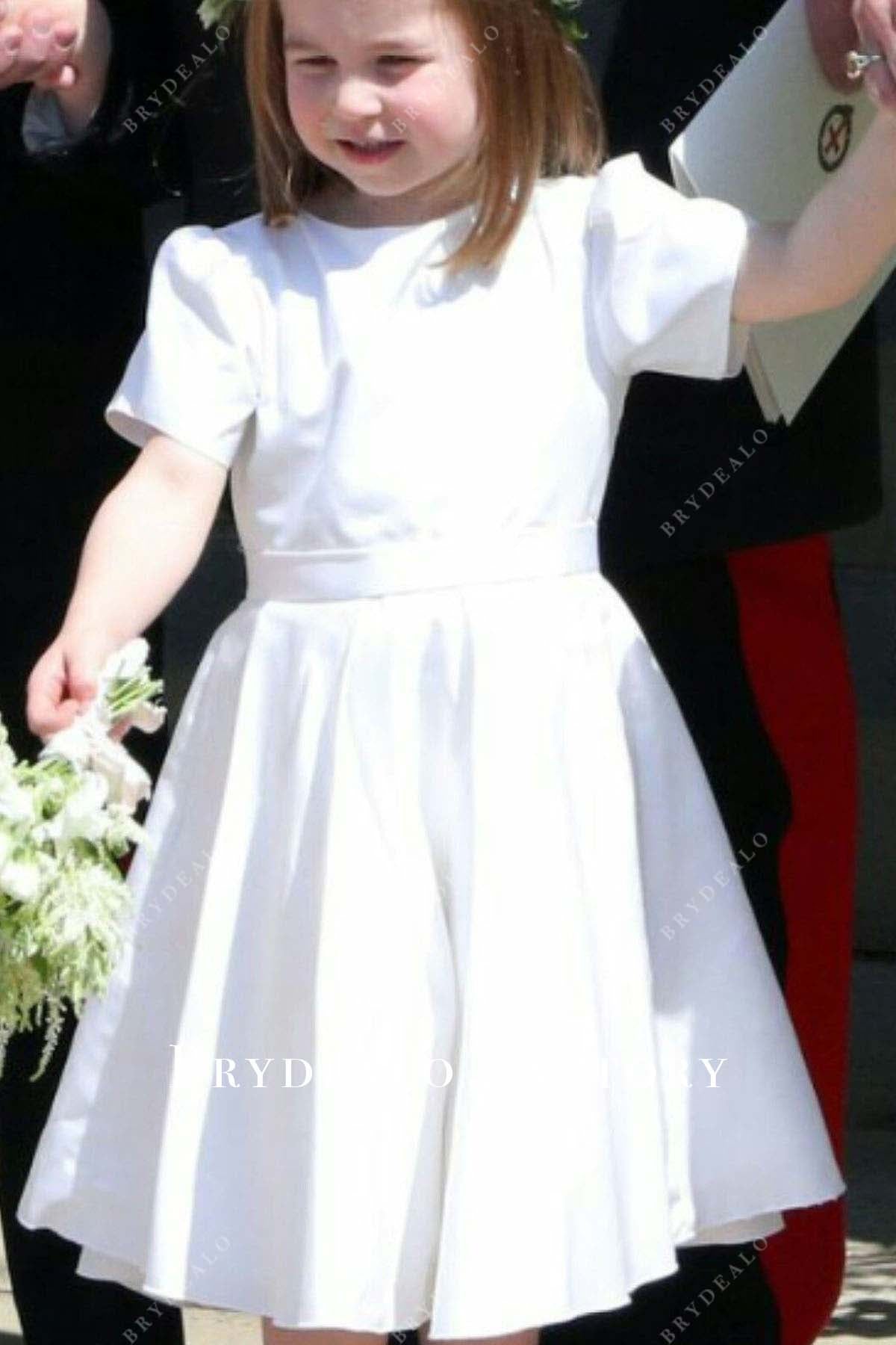 tea length white satin flower girl dress