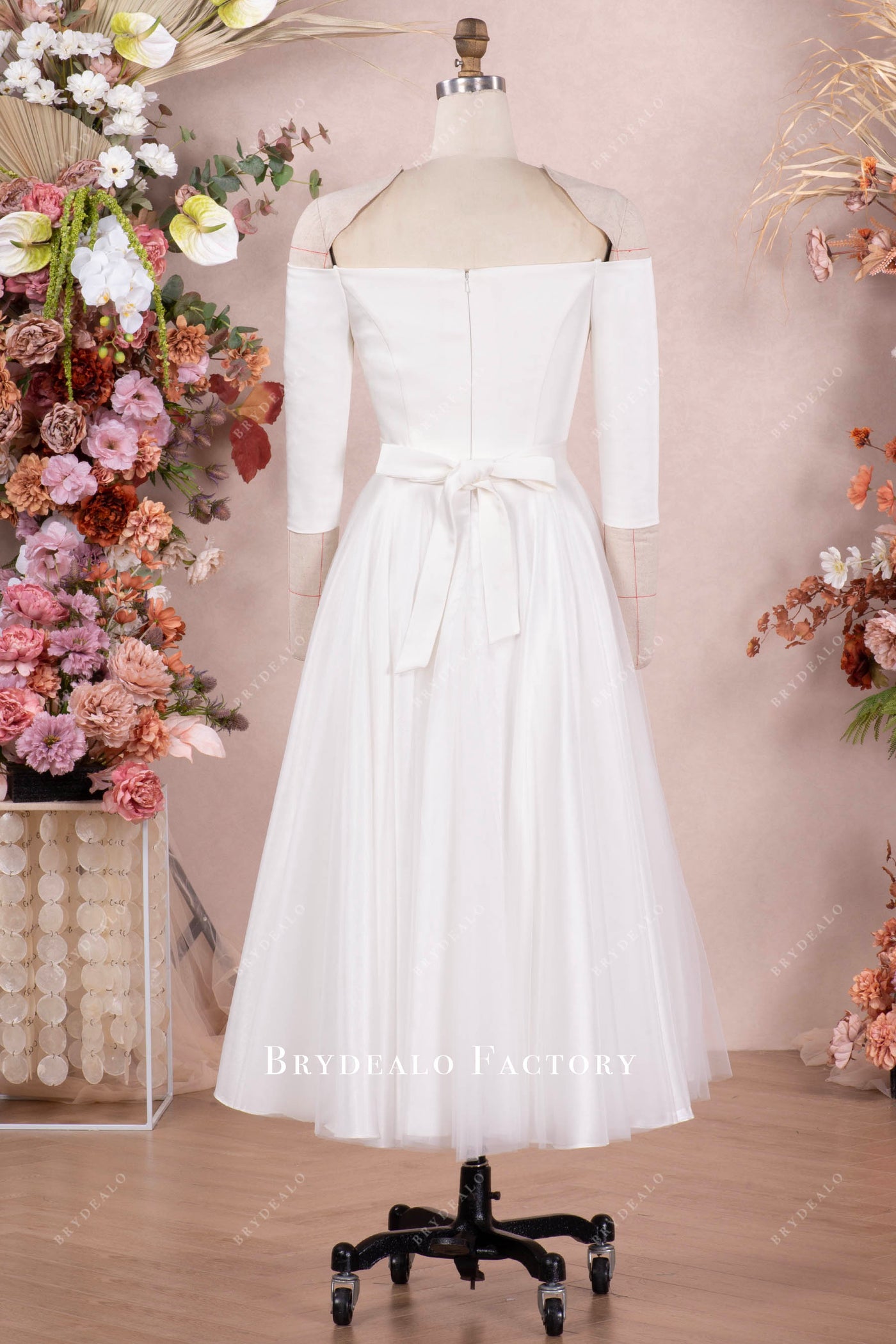 Casual White Three-Quarter Sleeves Tea Length Bridal Dress