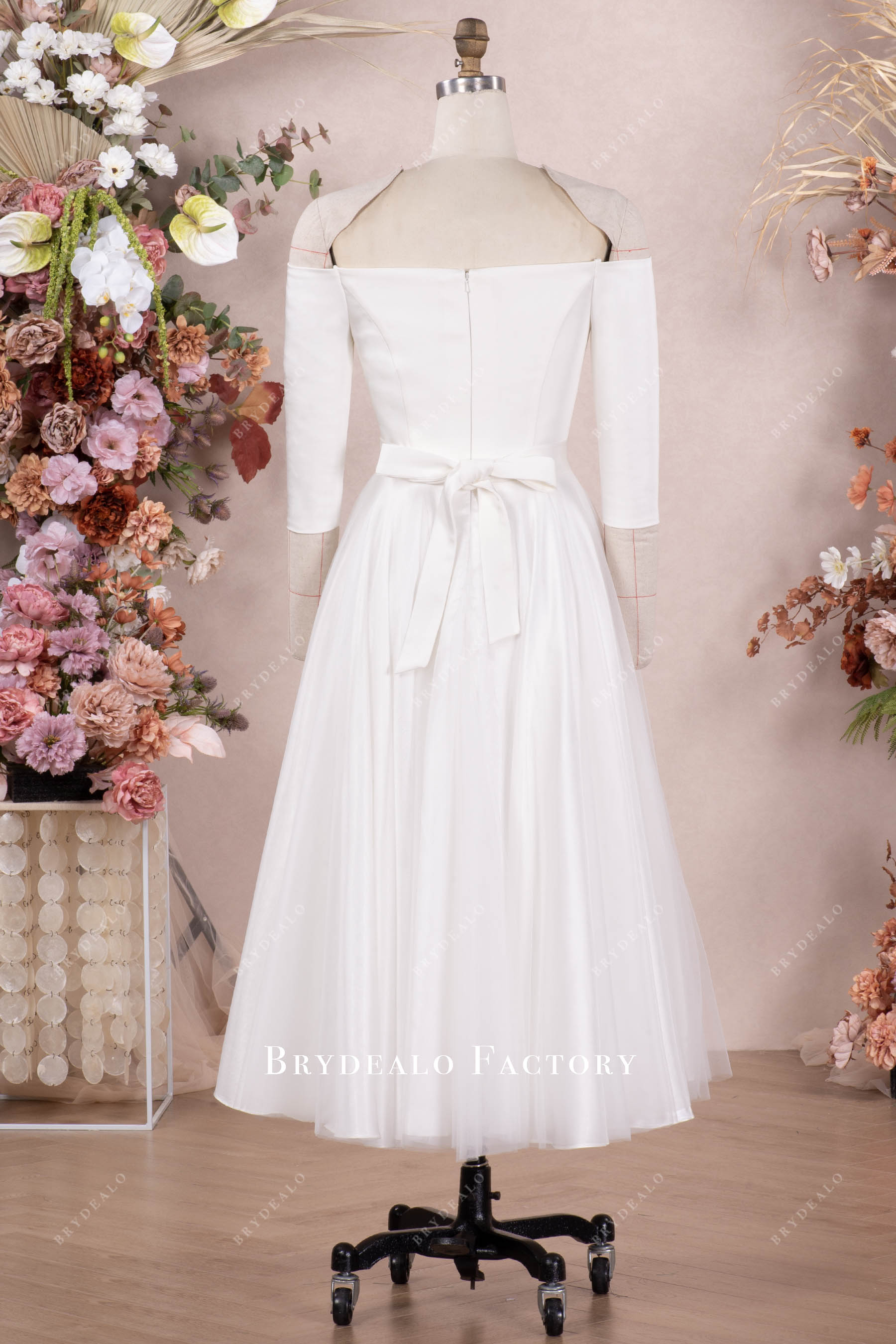 tea length white off shoulder wedding dress