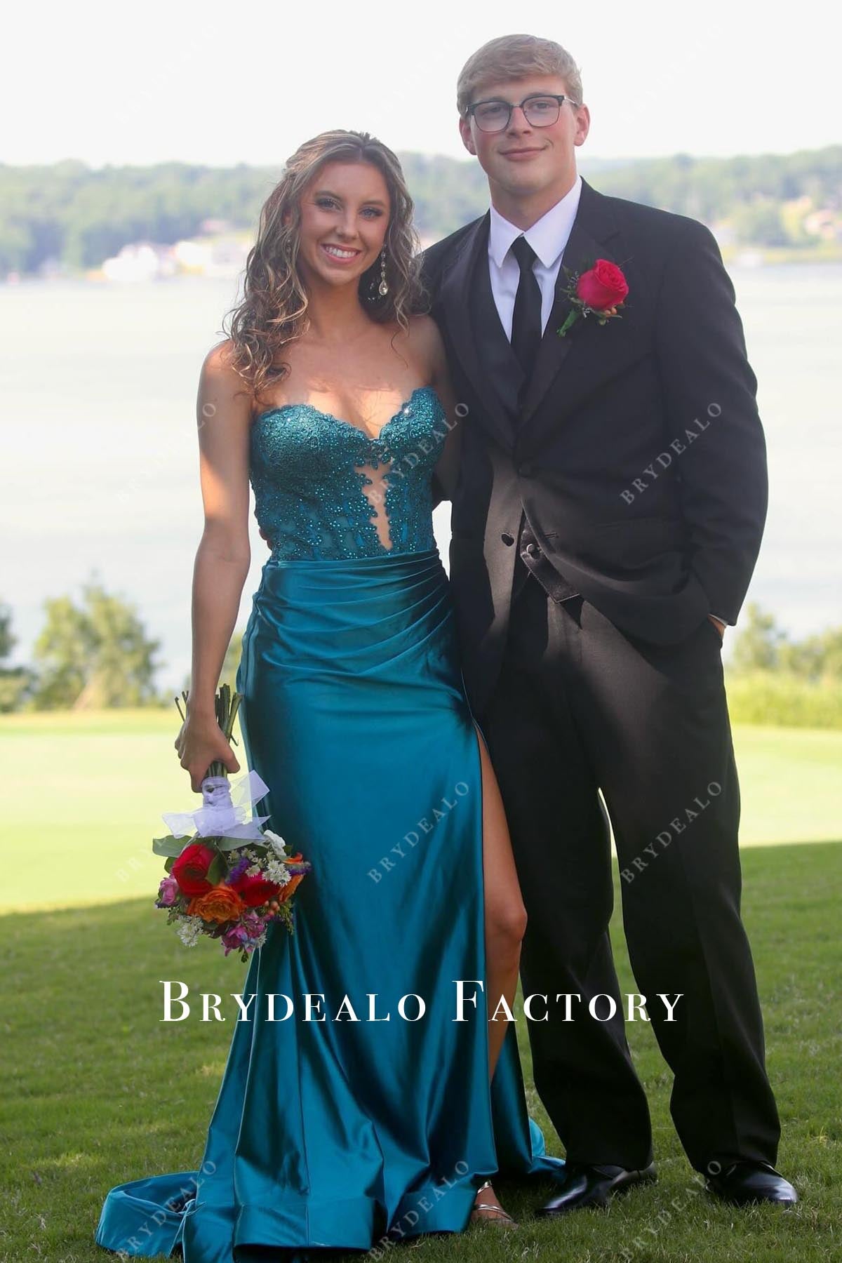 Teal Blue Sequined Lace Strapless Mermaid Prom Dress