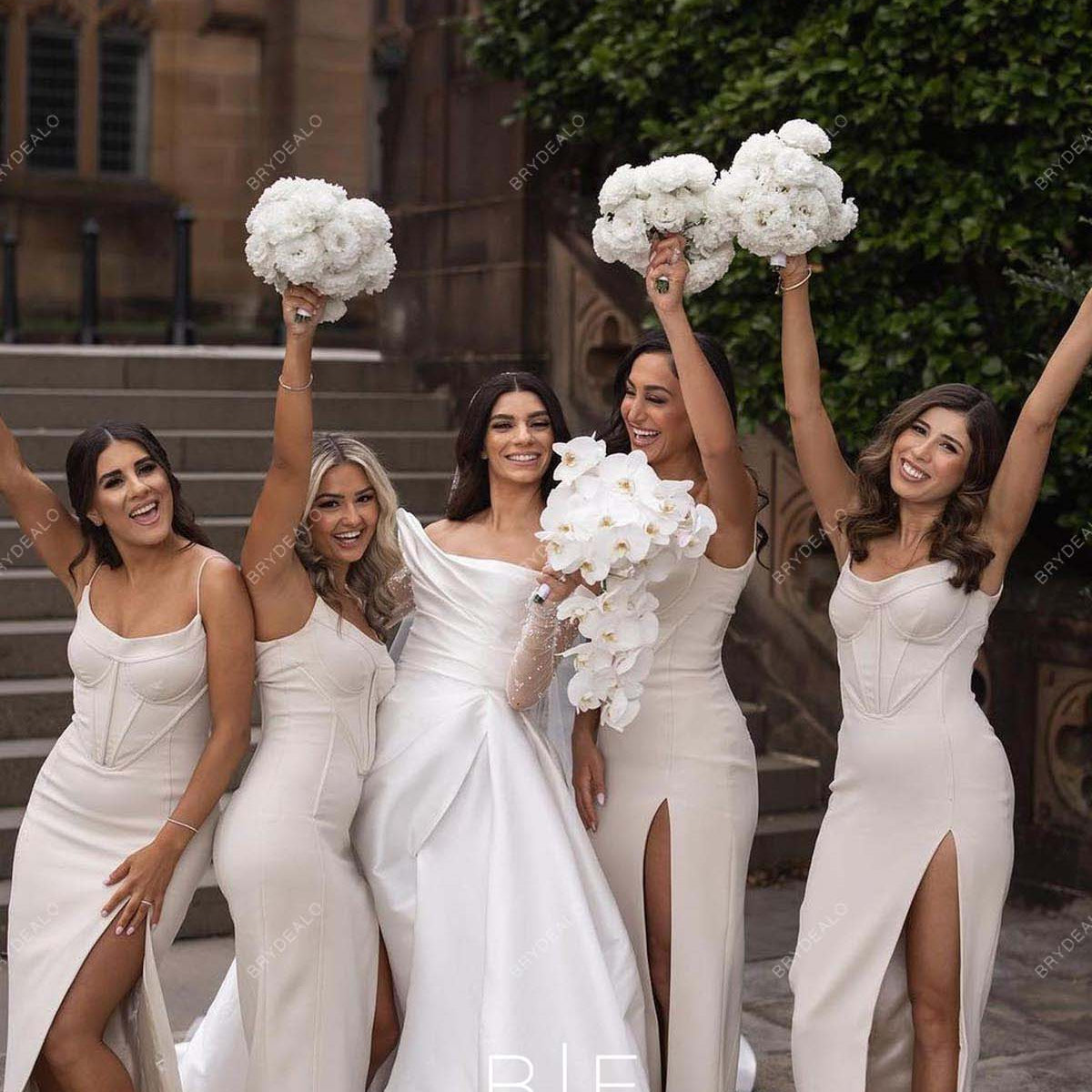 Pale Wheat Thin Strap Scoop Neck Corset Modern Slit Bridesmaid Dresses