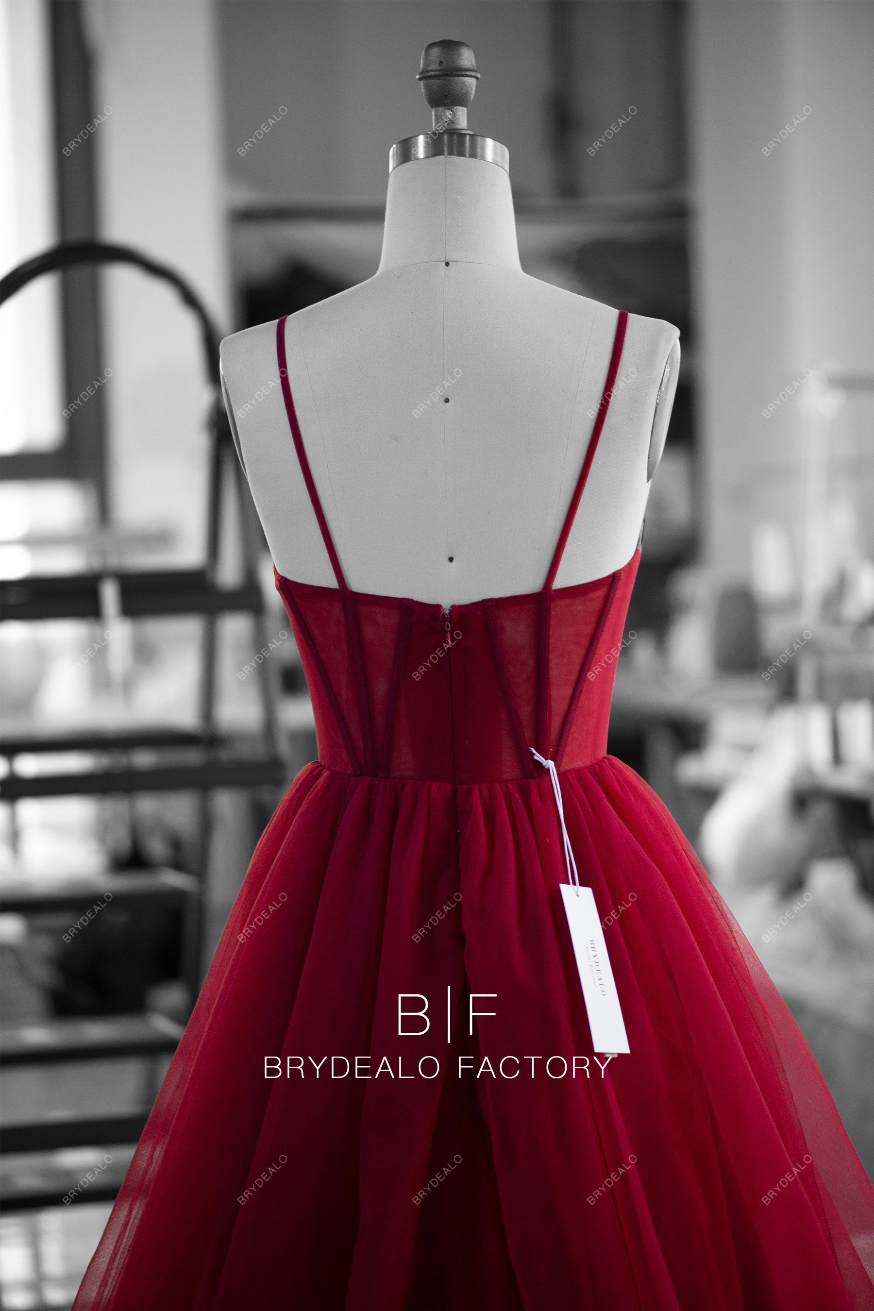 made-to-order thin straps visible boning dark red prom dress