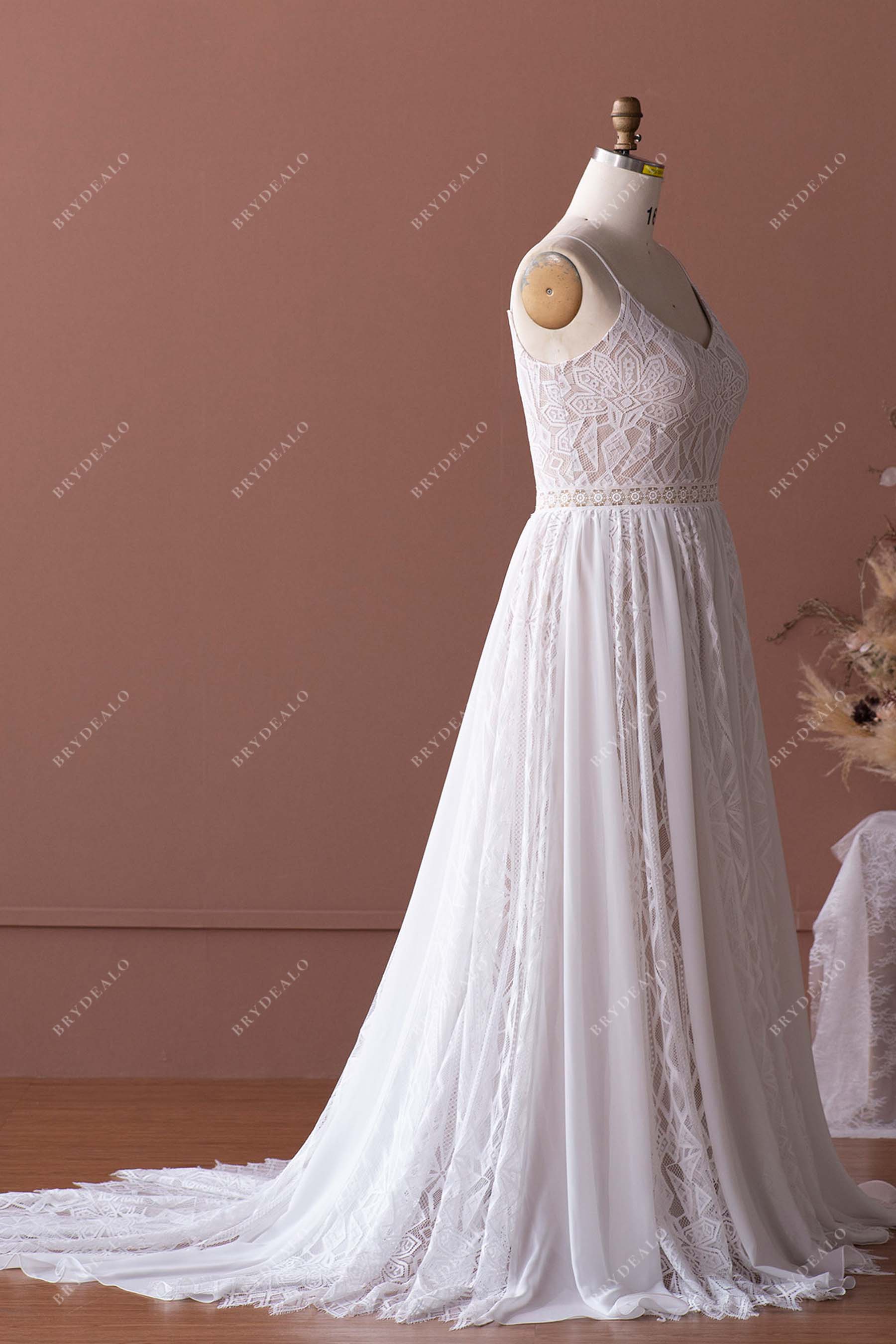 thin straps sleeveless lace chiffon beach wedding gown