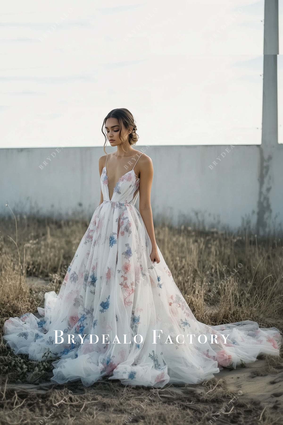 thin straps floral printed wedding dress