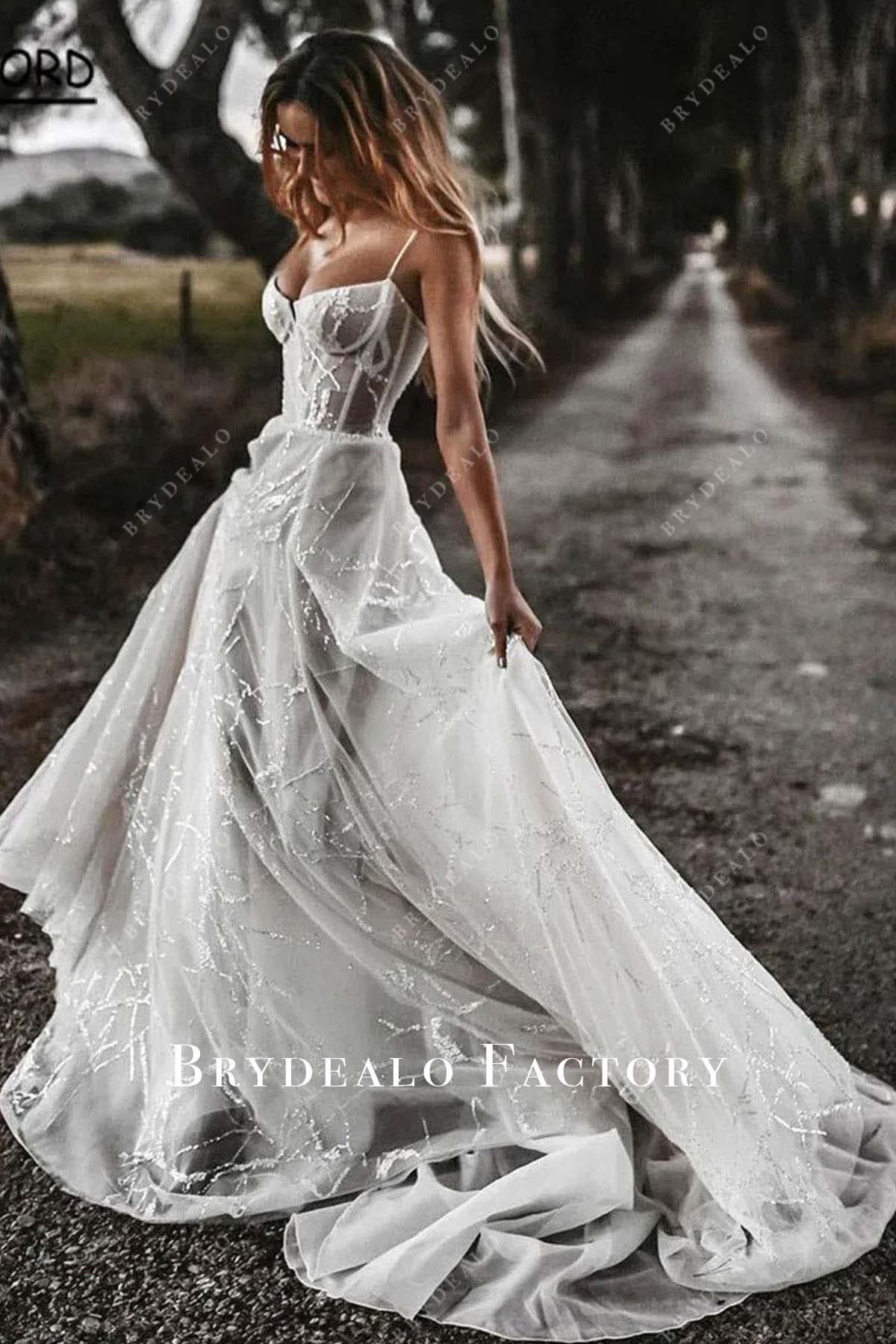 thin straps long train outside wedding dress