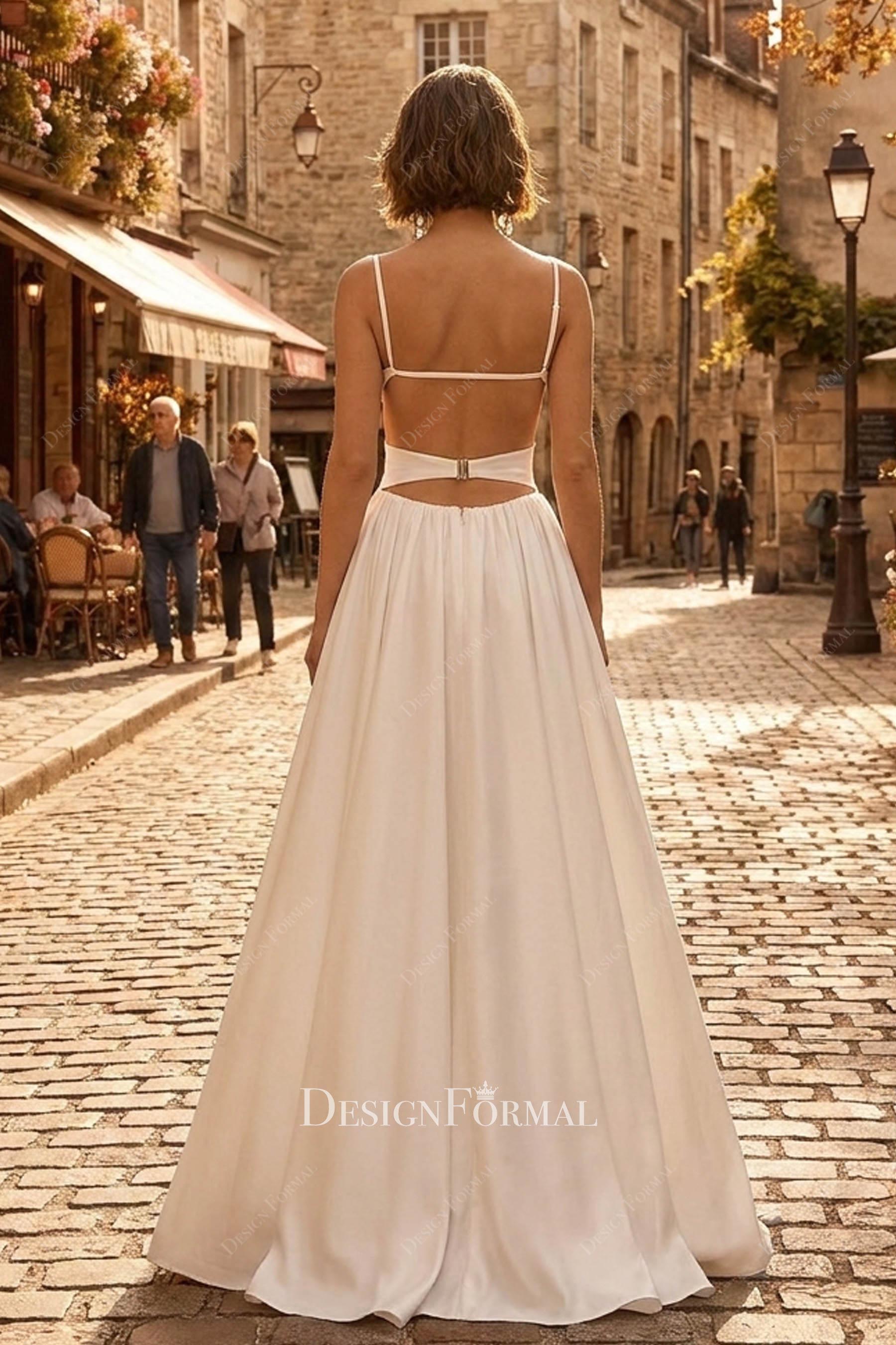 thin straps open back wedding dress