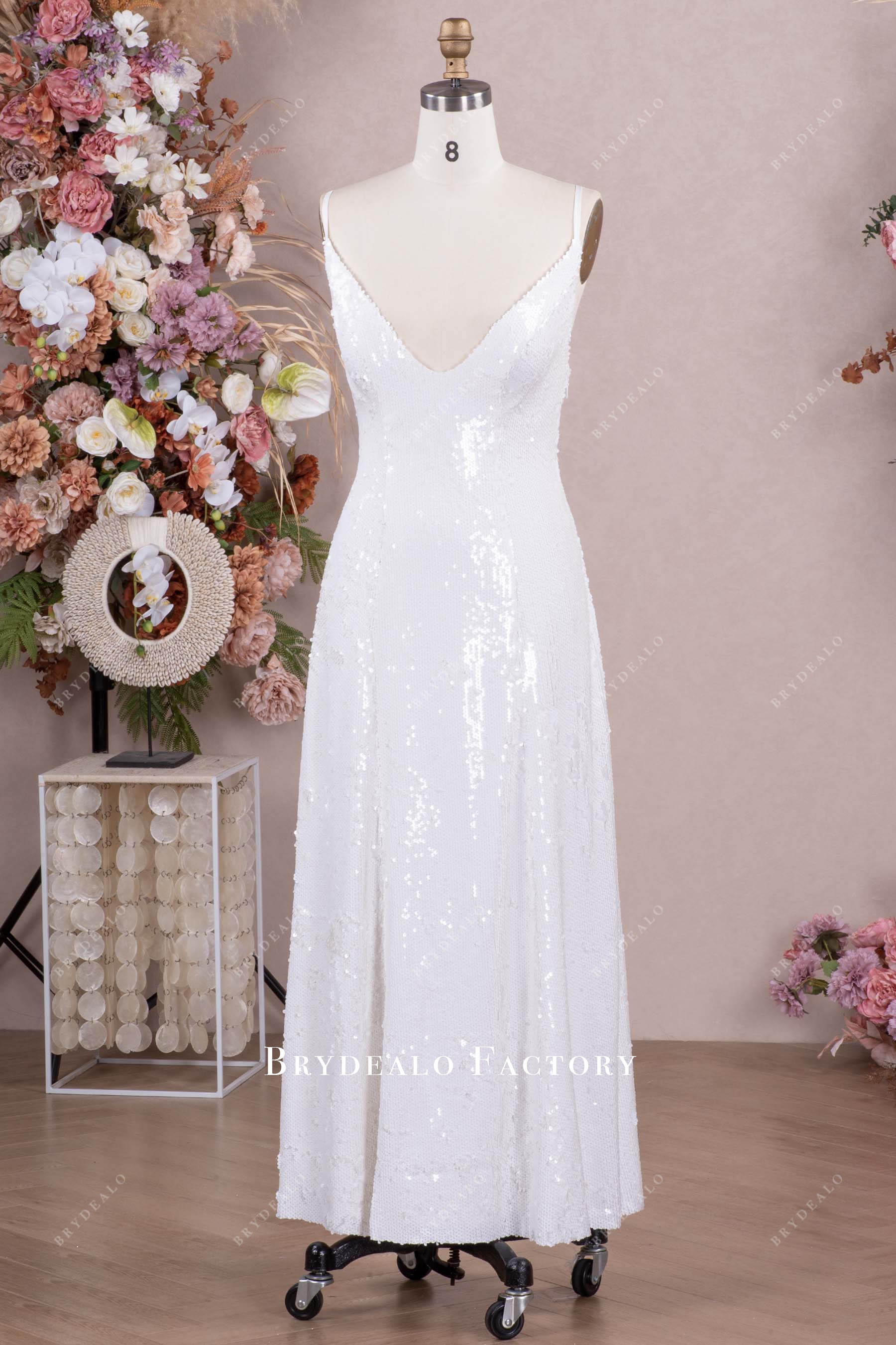 thin straps plunging bridal shower dress