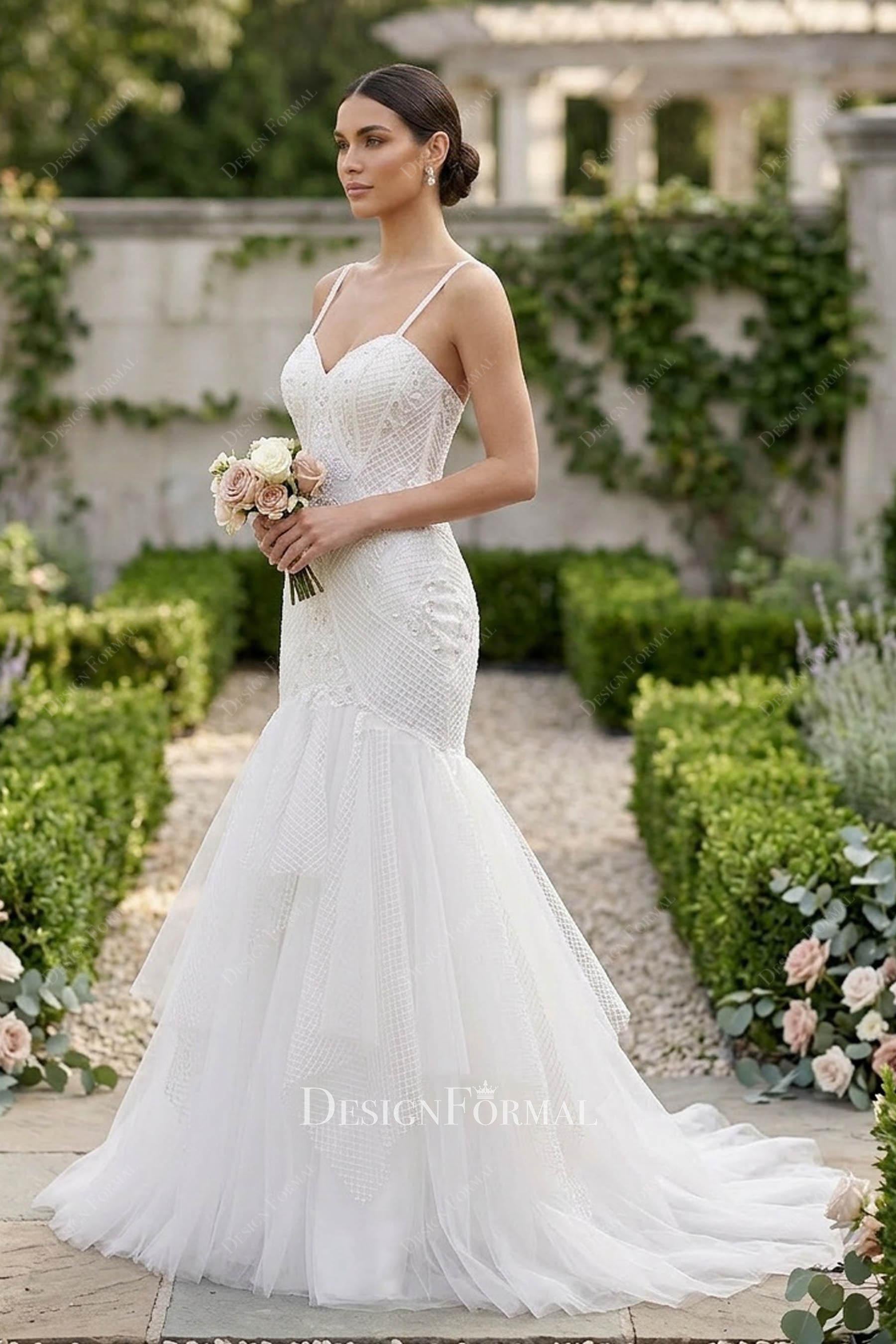 thin straps trumpet bridal dress