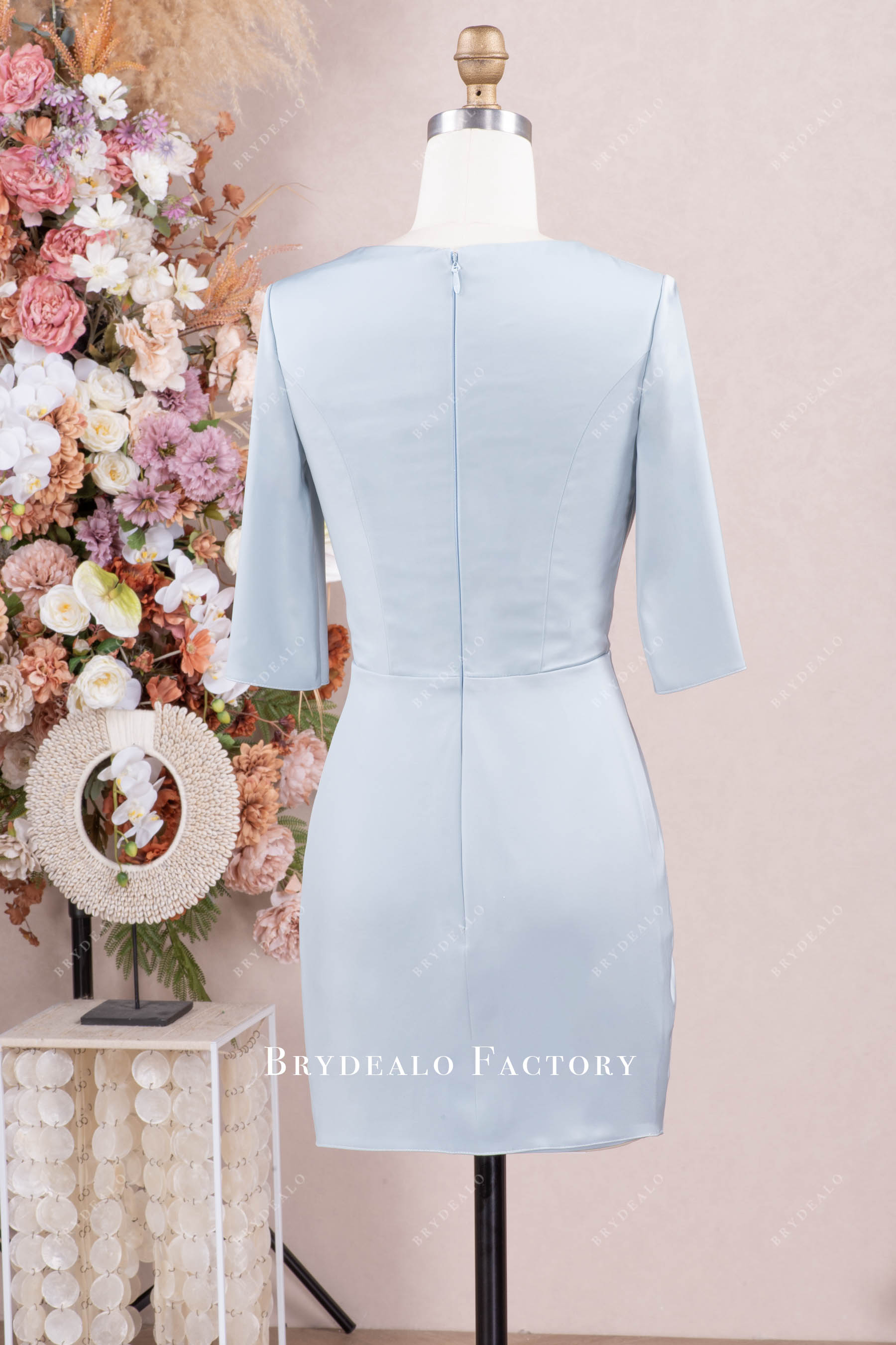 three quarter sleeve short mother of bride dress