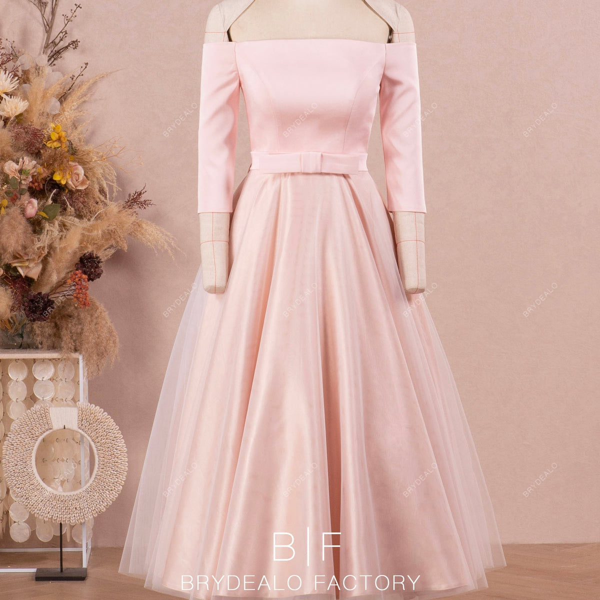 Blush Tea Length Classic A-line 3/4 Sleeves Wedding Dress, White Blush Tea Length Classic A-line 3/4 Sleeves Wedding Dress, White