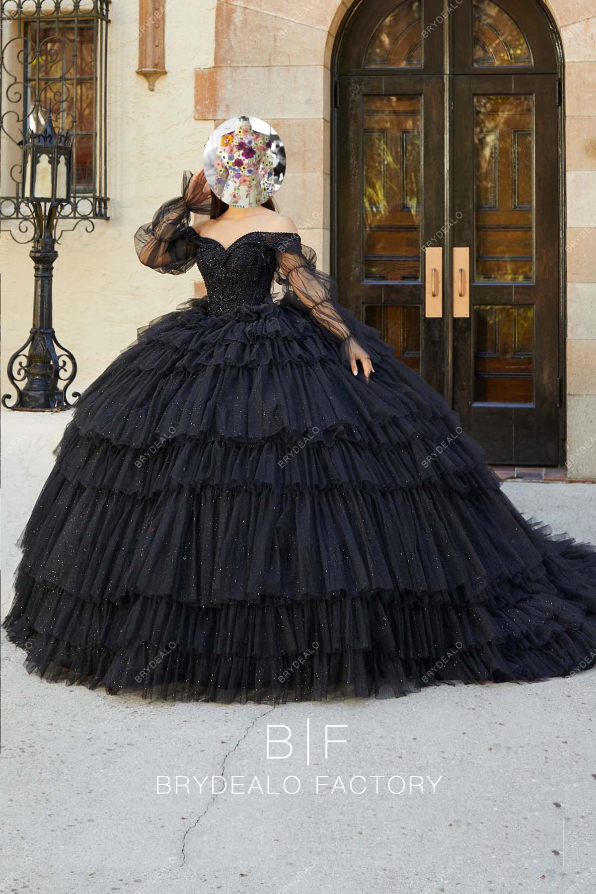 Black Sheer Marie Sleeve Off Shoulder Shimmery Sweetheart 16 Dress