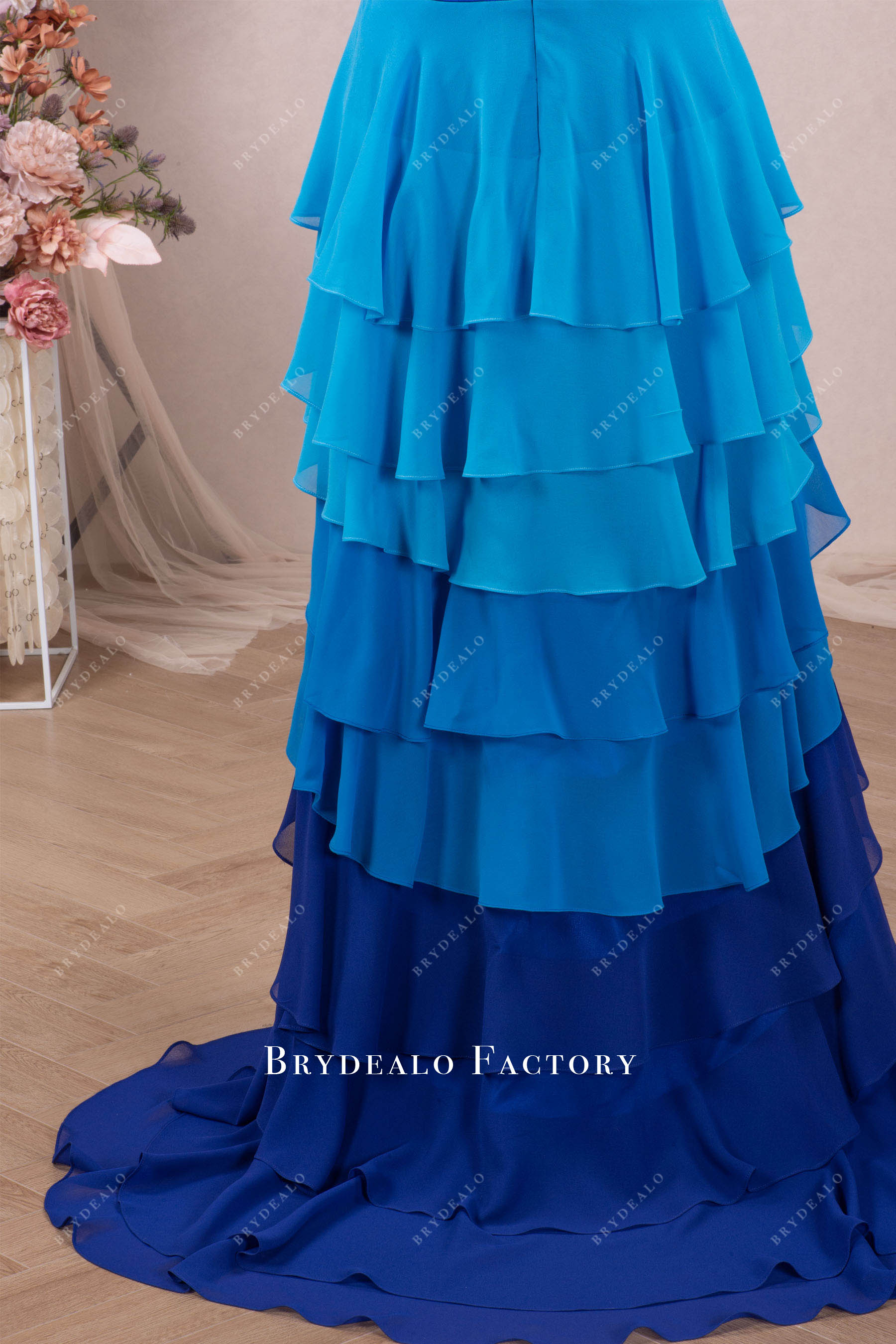 tiered ombre blue sweep train formal dress