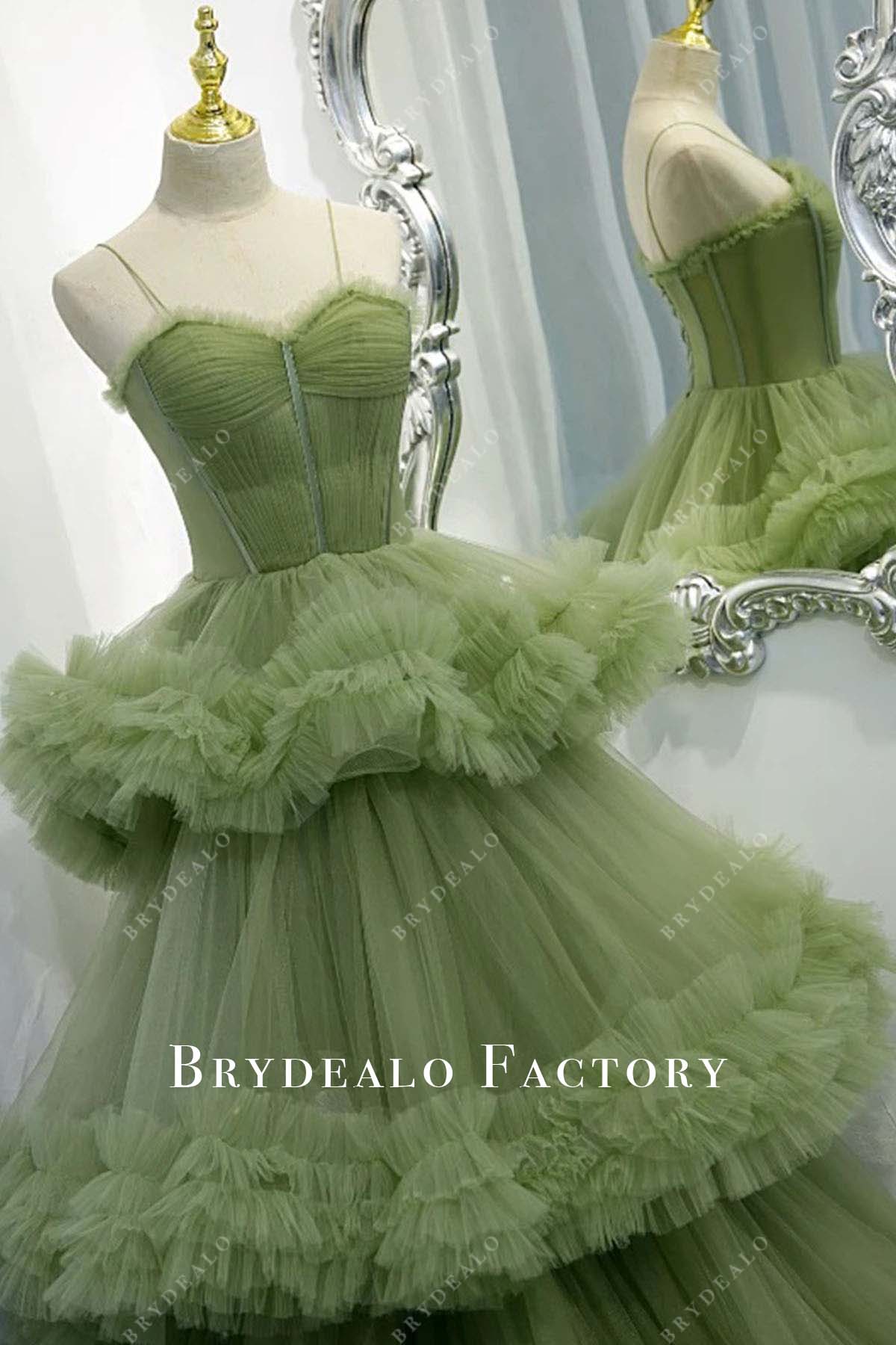 Green Tiered Tulle A-Line Long Train Prom Dress