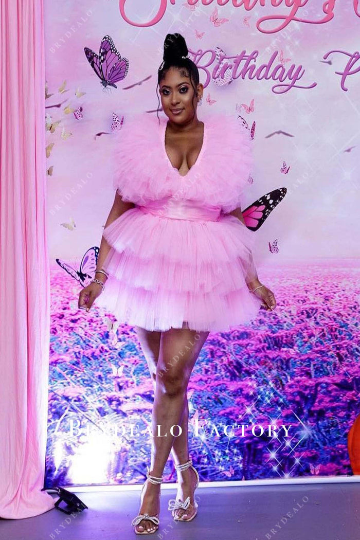 Plus Size Pink Tulle Sleeveless Tiered Short Birthday Cocktail Dress