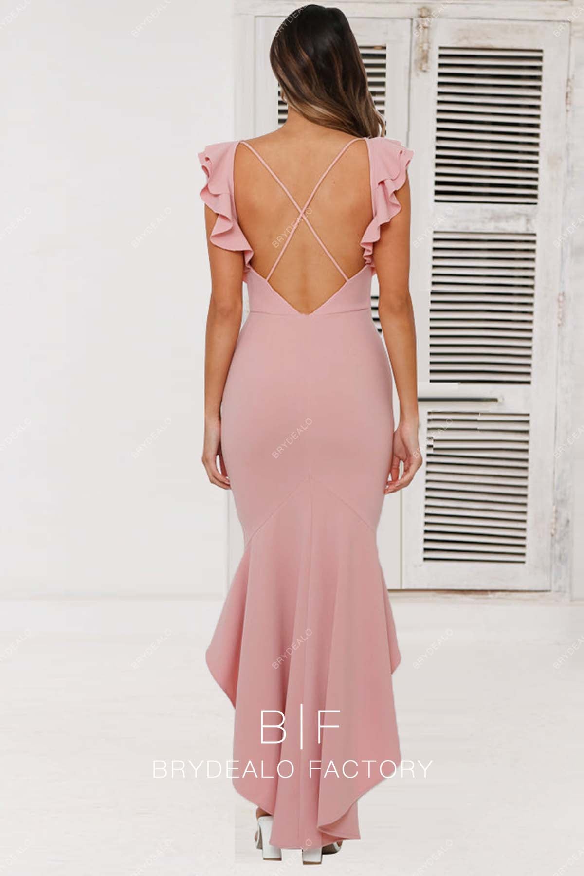 Solid ruffles backless hot sale fishtail maxi dress