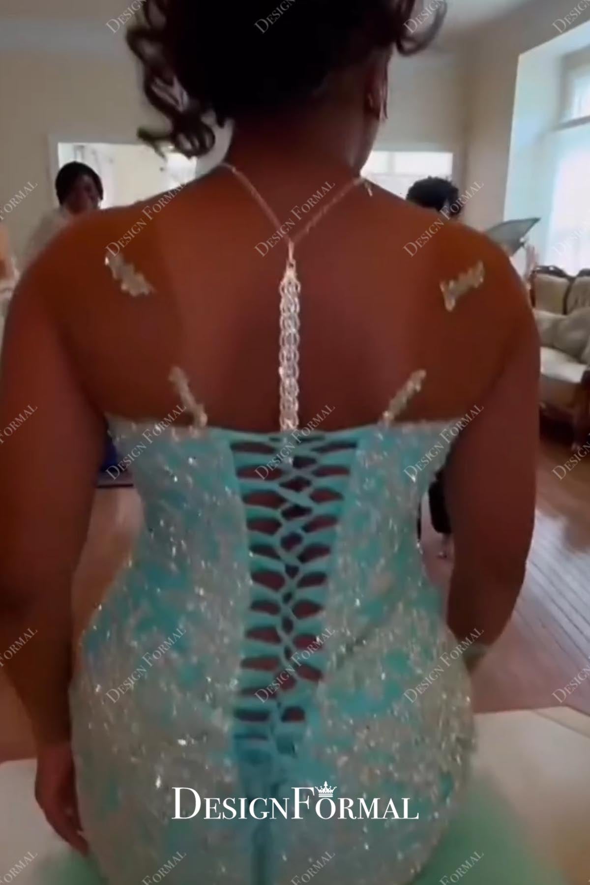 turquoise illusion shoulder prom dress