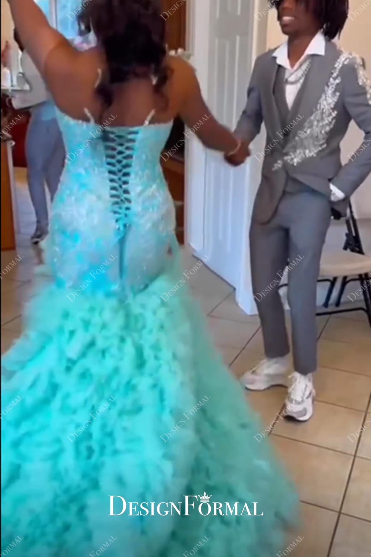 turquoise lace up back prom dress