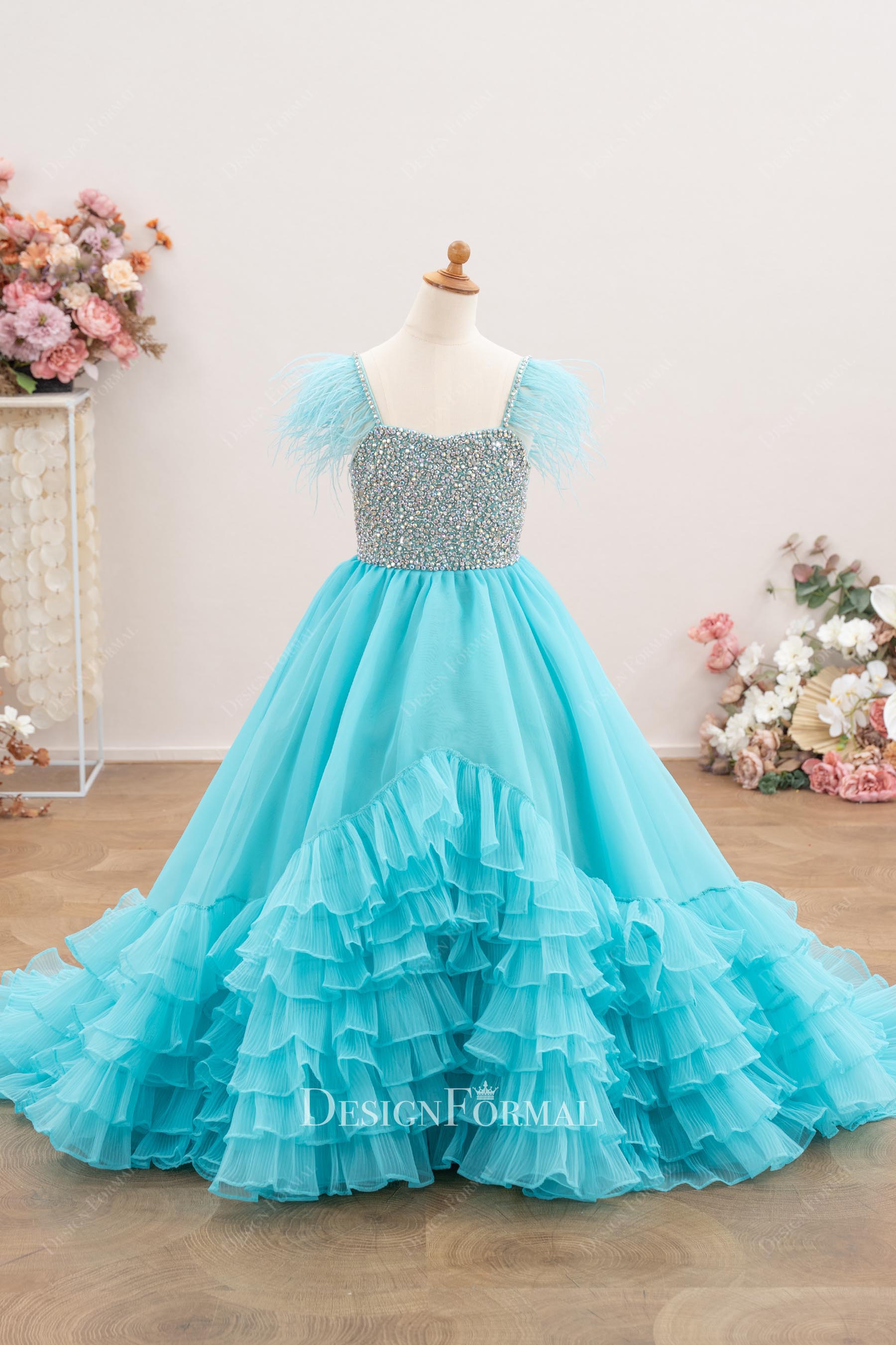 turquoise layered organza pageant dress