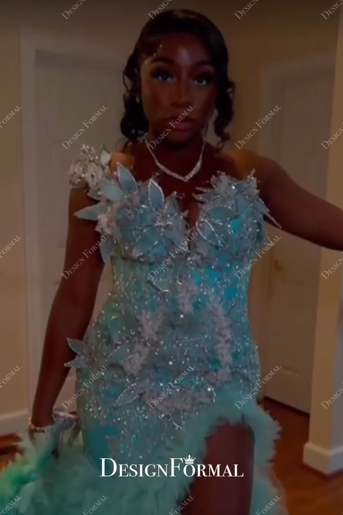 turquoise one shoulder prom dress