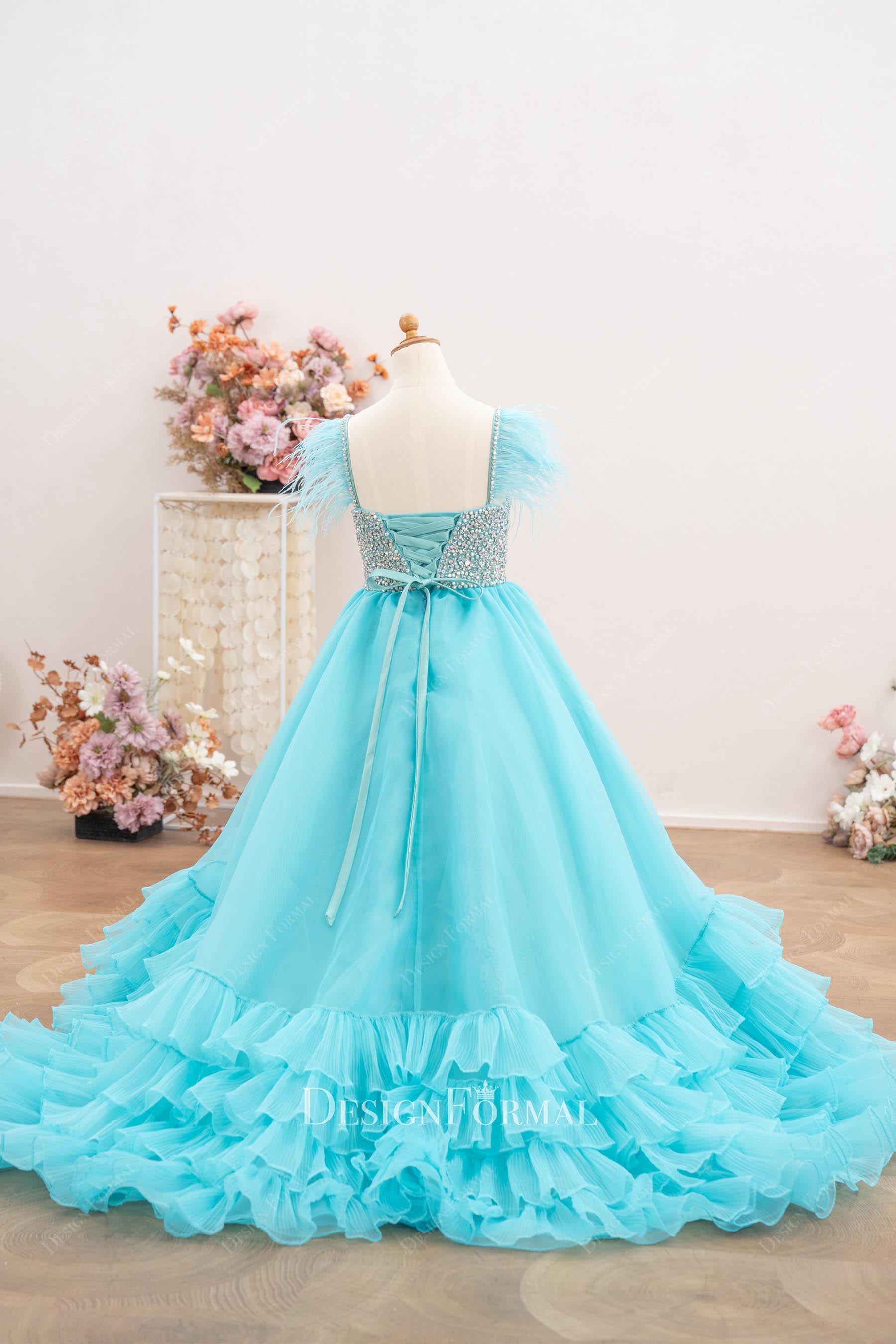 turquoise organza court train pageant dress