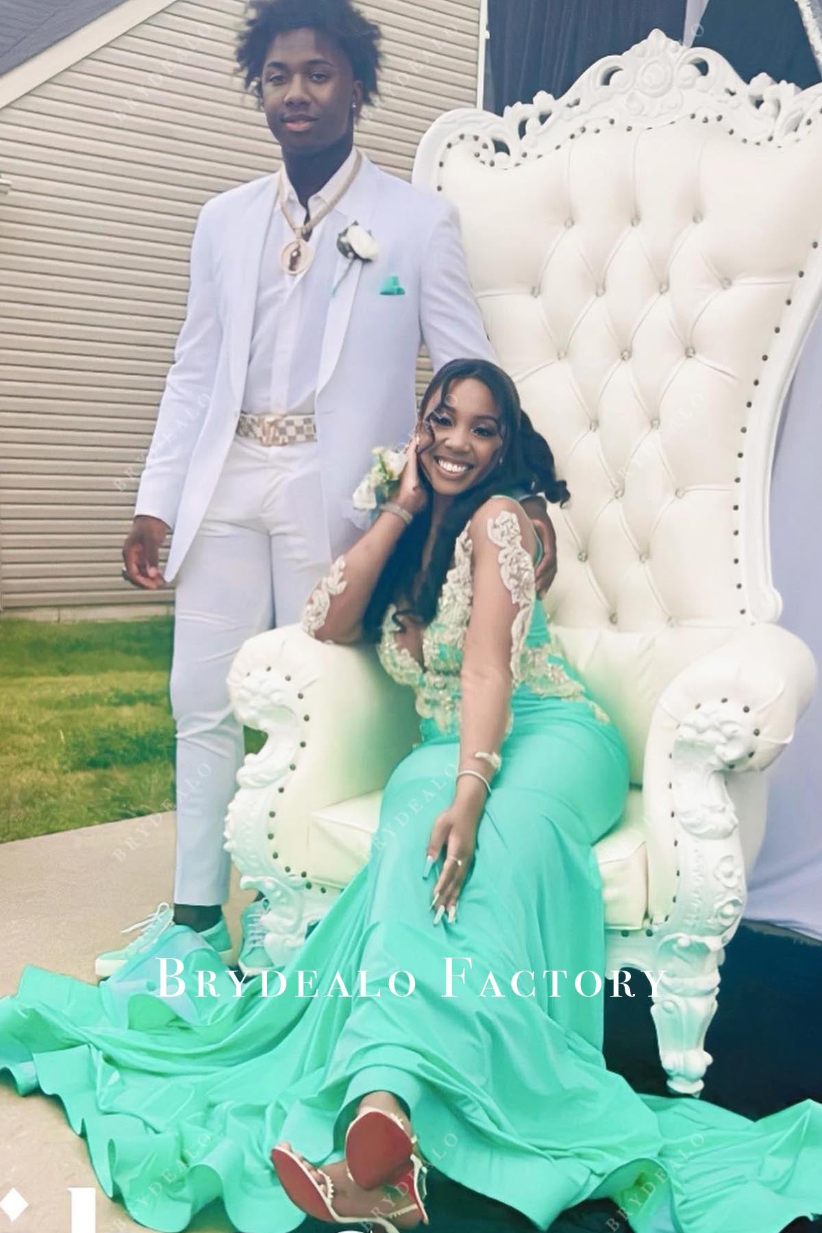 turquoise trumpet prom dress