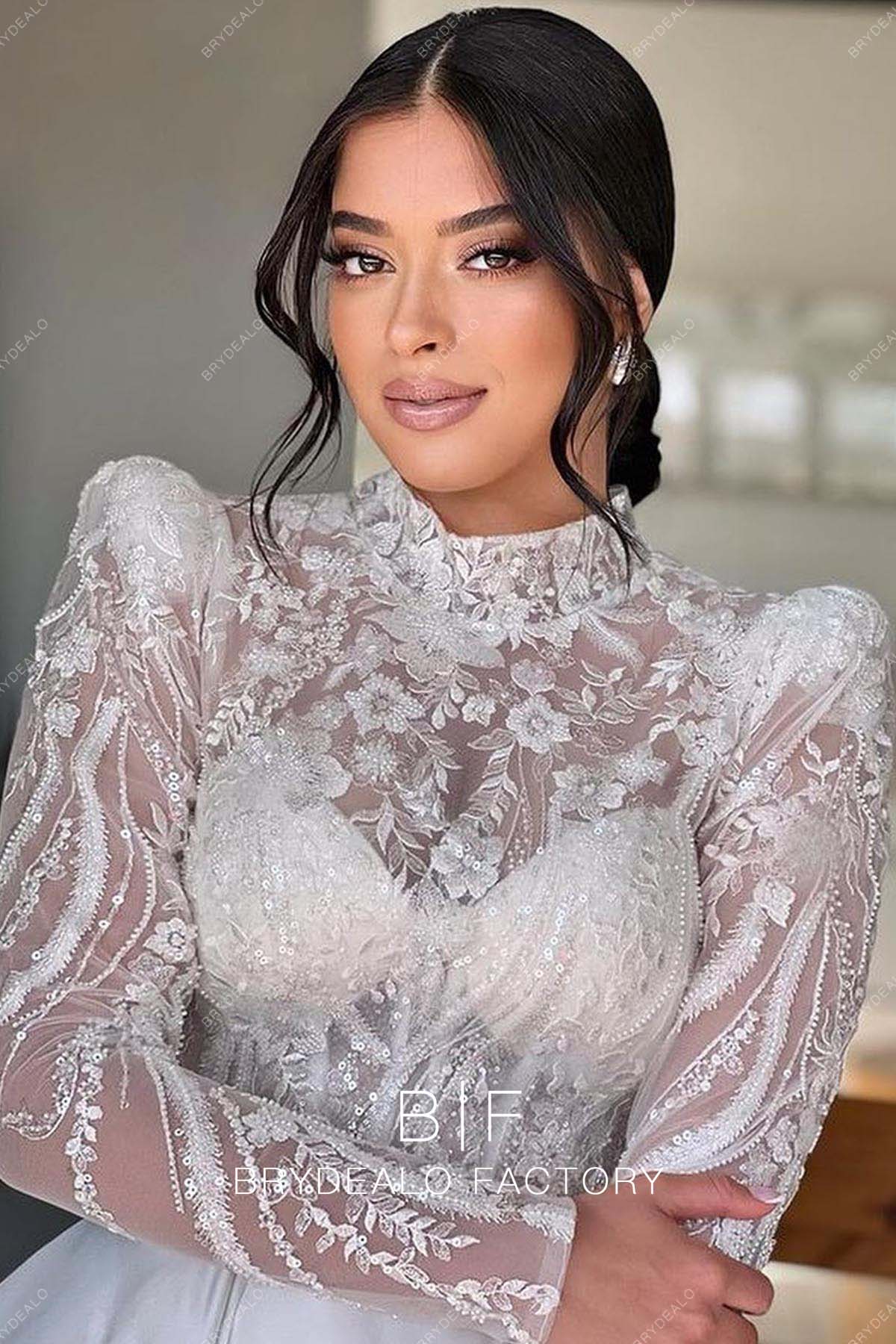 High Neck Designer Wild Lace Long Sleeve  Wedding Dress