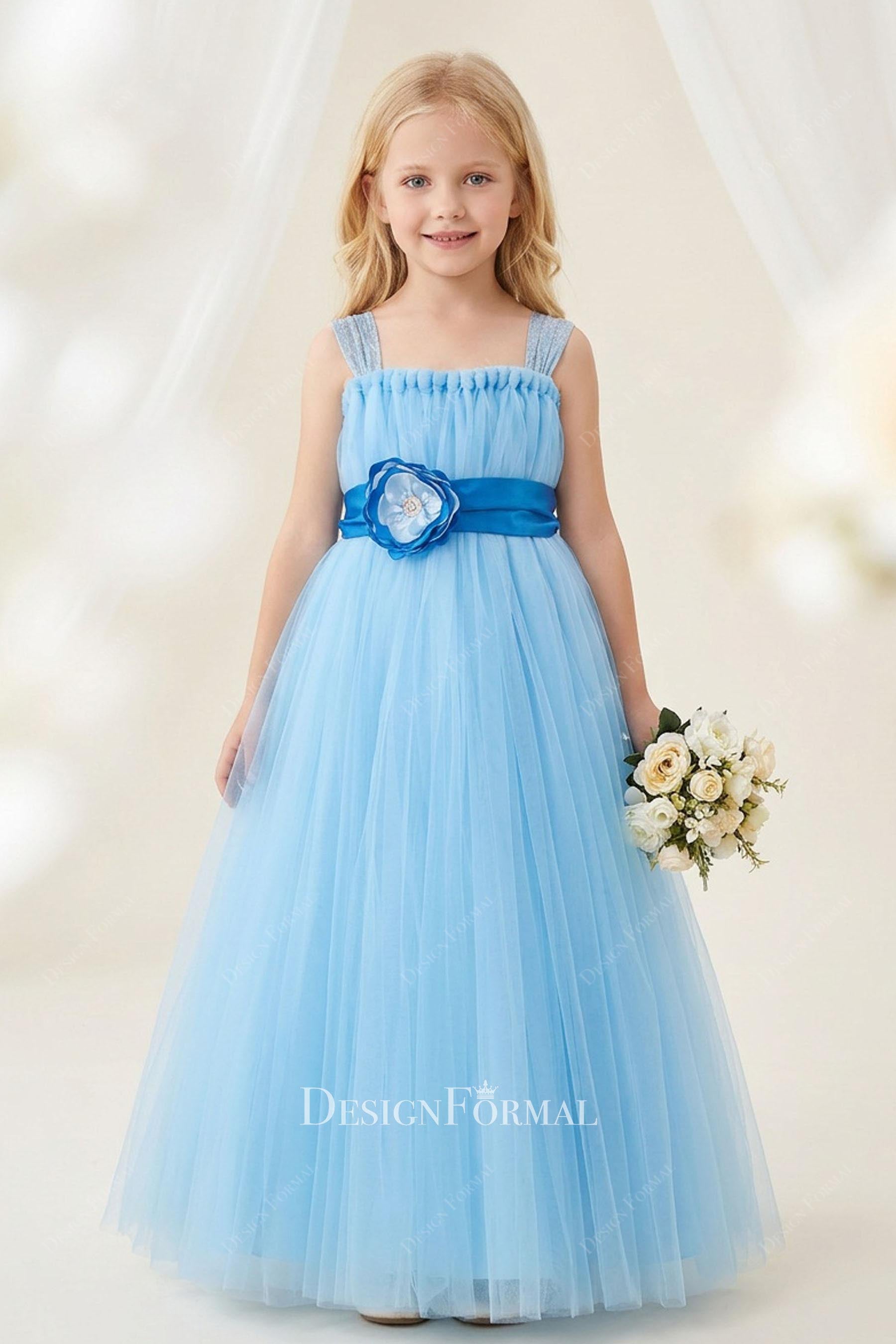 Blue Tulle Lace Strap 3D Floral A-Line Flower Girl Dress