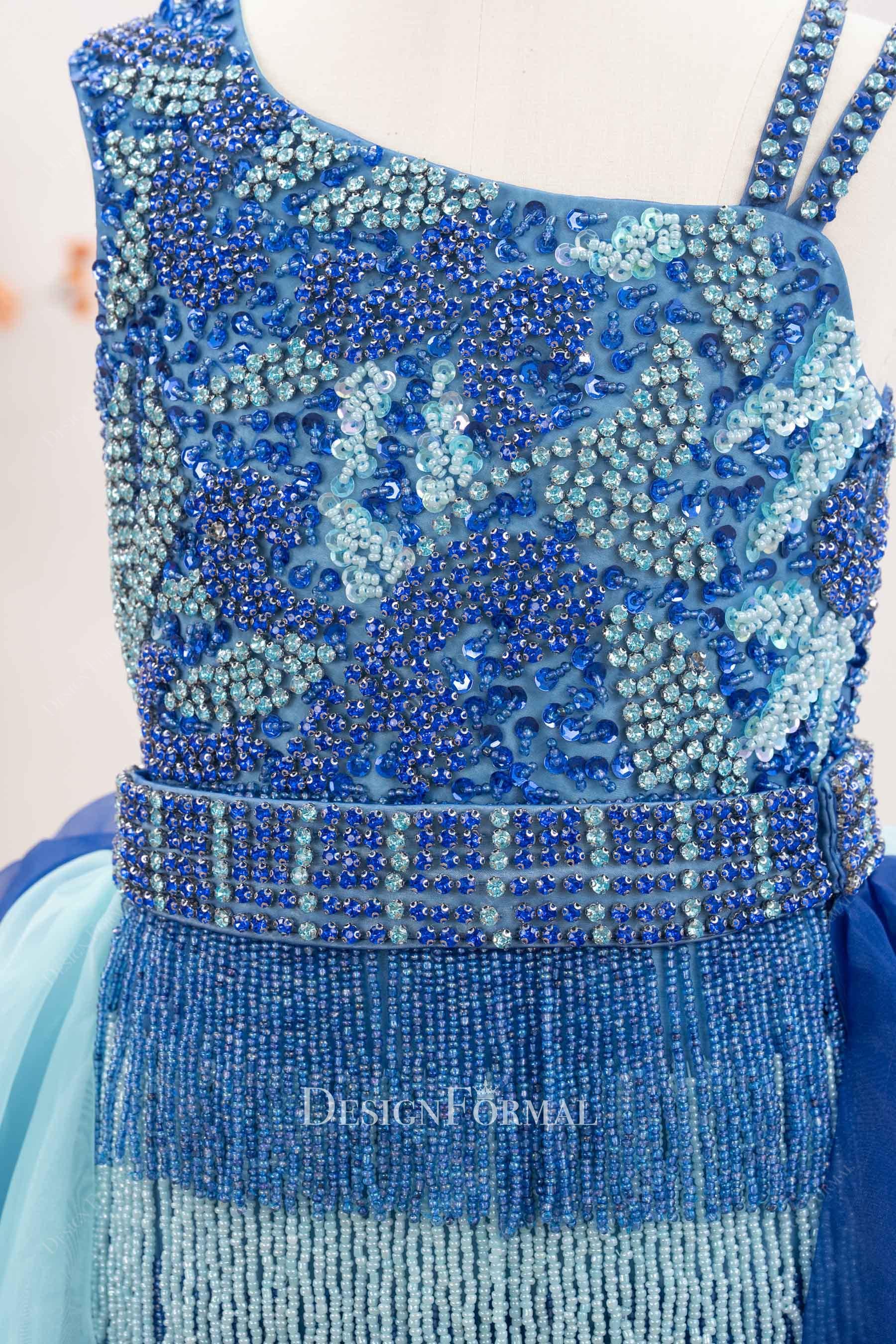 two tone beaded asymmetrical neckline pageant dress