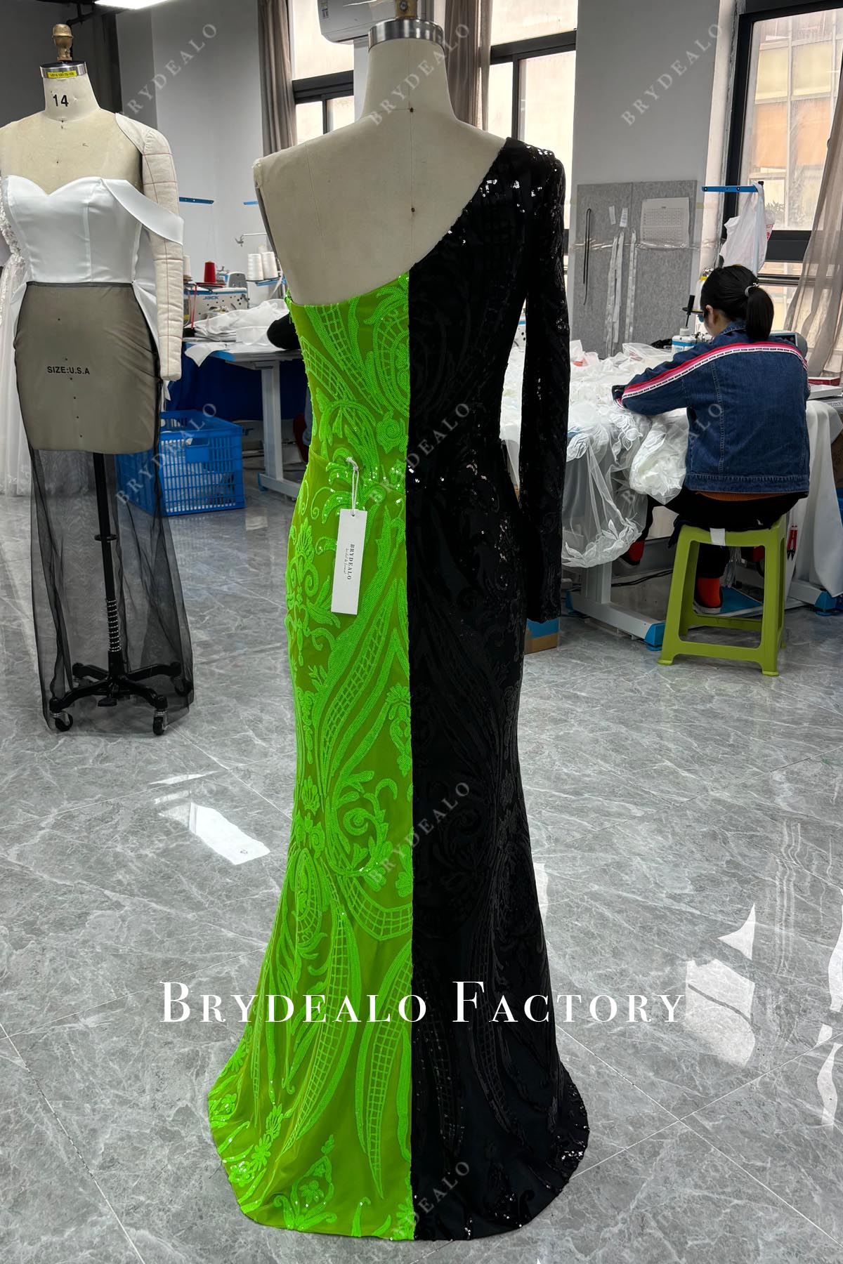 black long sleeve lime green sequin long two-tone formal gown