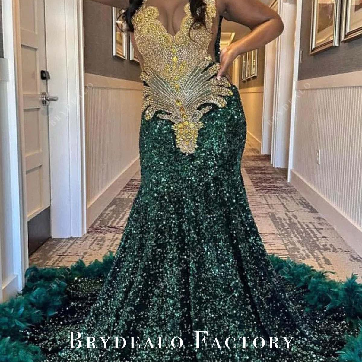 Green Sequin Feather Gold Rhinestones Mermaid Prom Dress