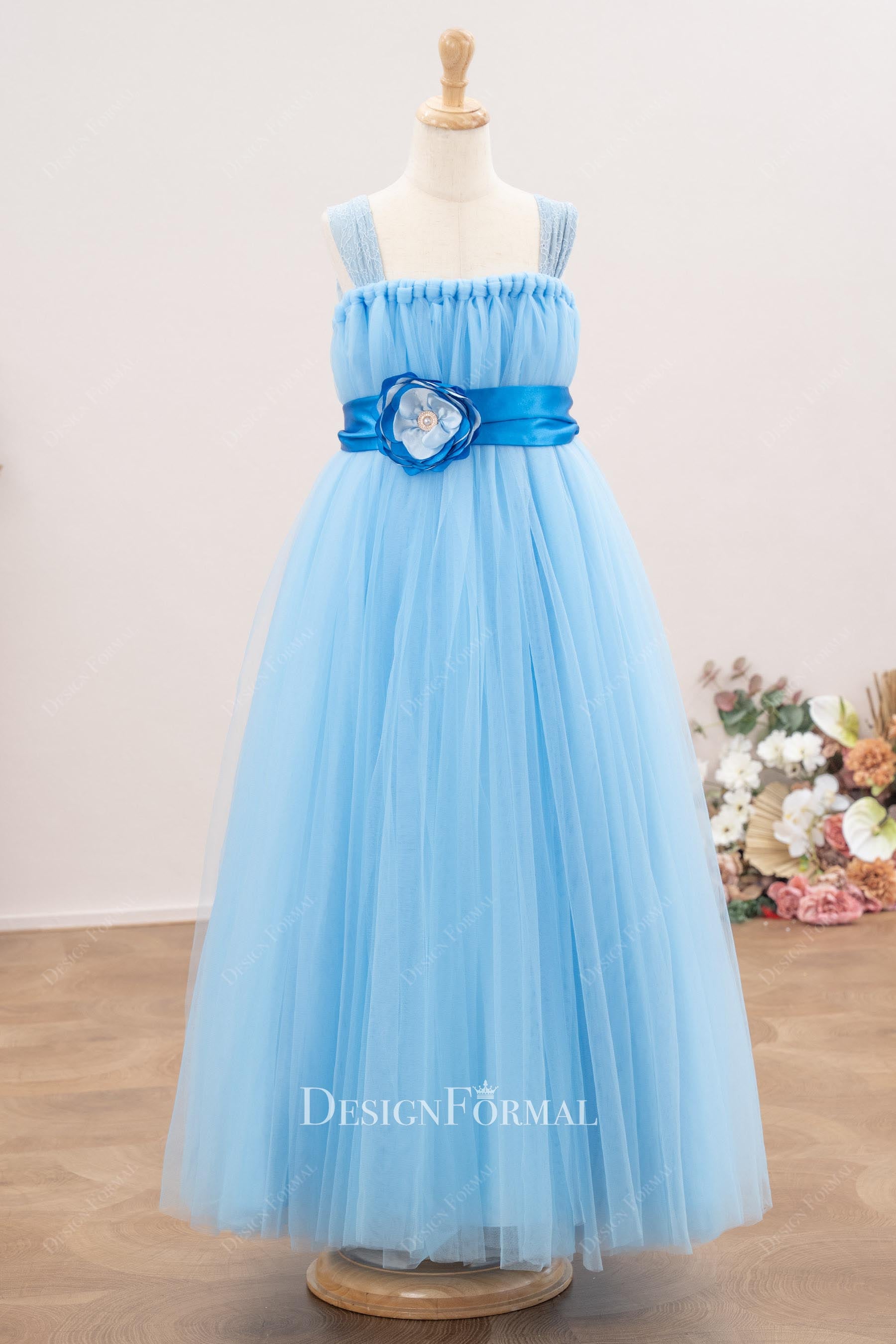 Blue Tulle Lace Strap 3D Floral A-Line Flower Girl Dress