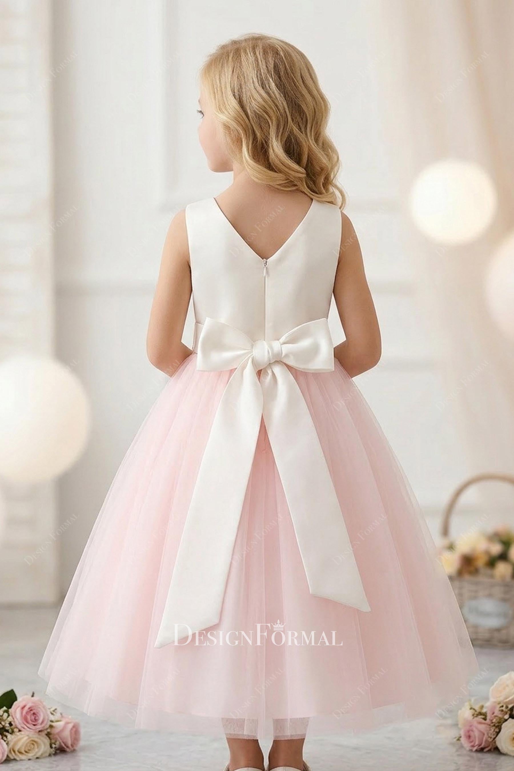 two tone v back bowknot flower girl dress