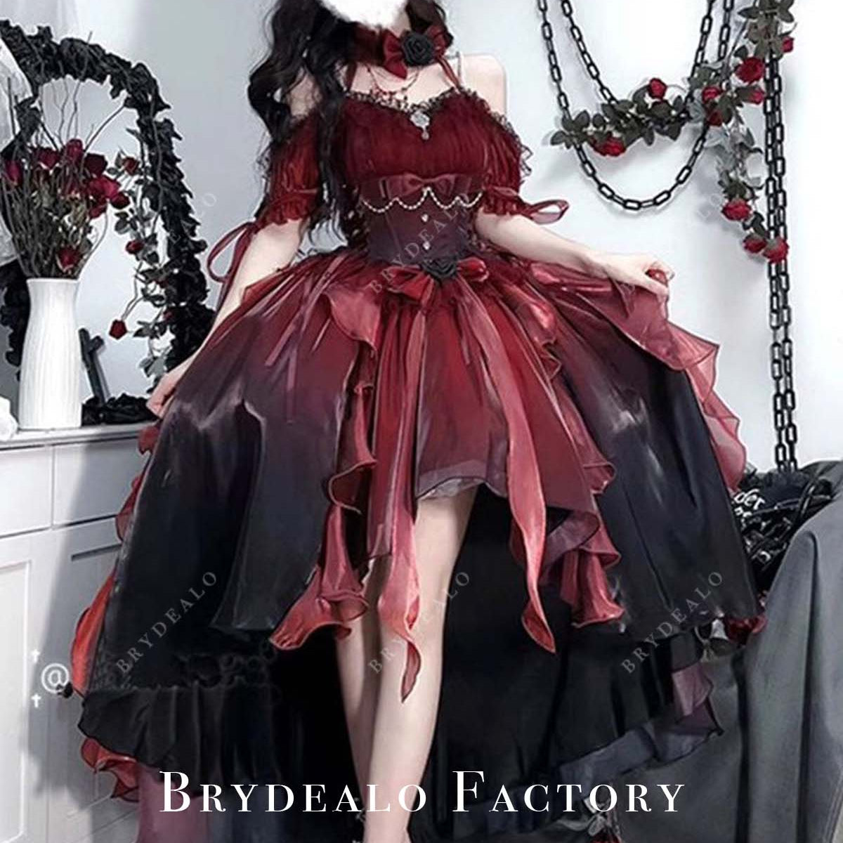 Custom Off Shoulder Red Black Puffy A-line high-low Lolita Dress