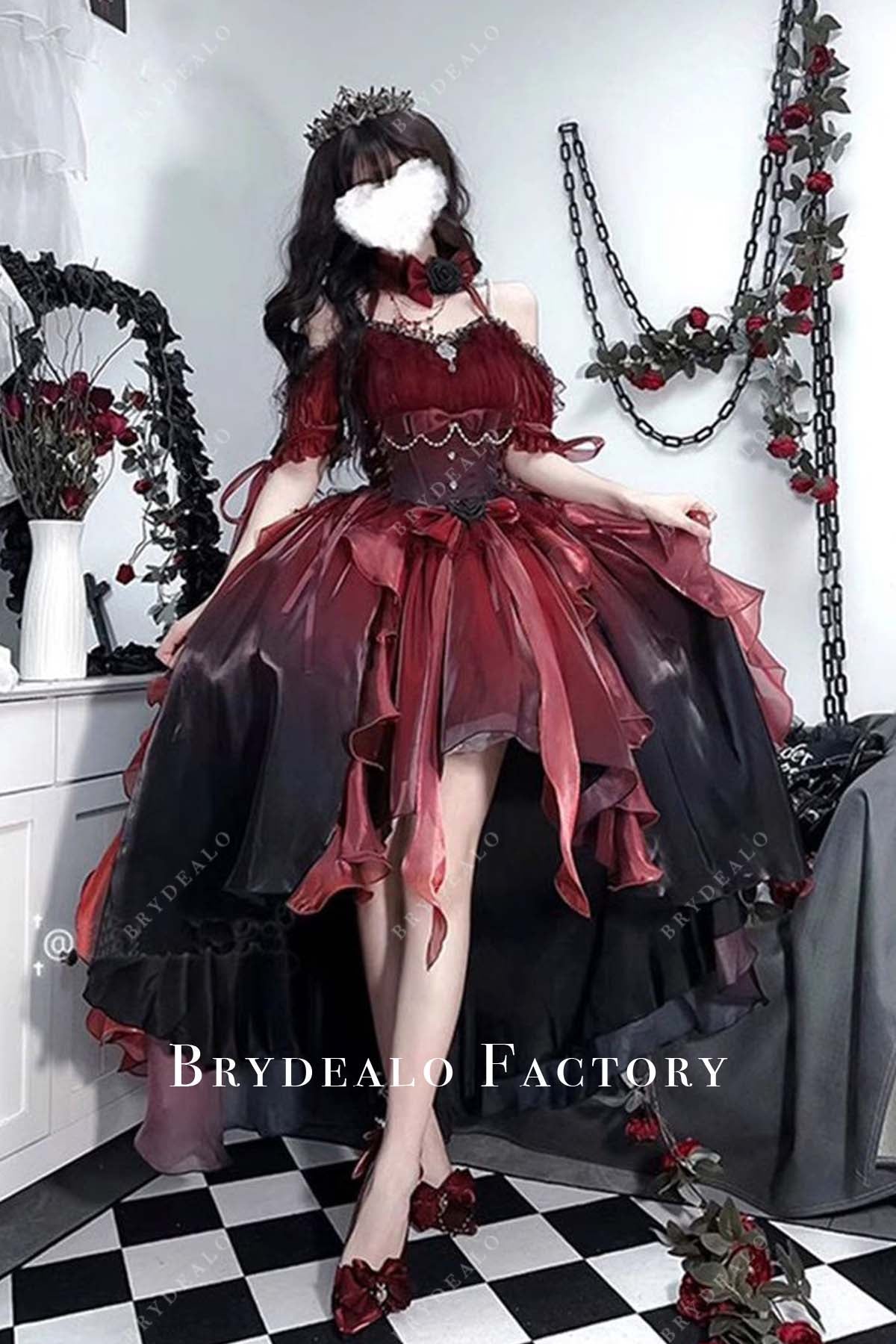 Custom Off Shoulder Red Black High-Low Lolita Dress