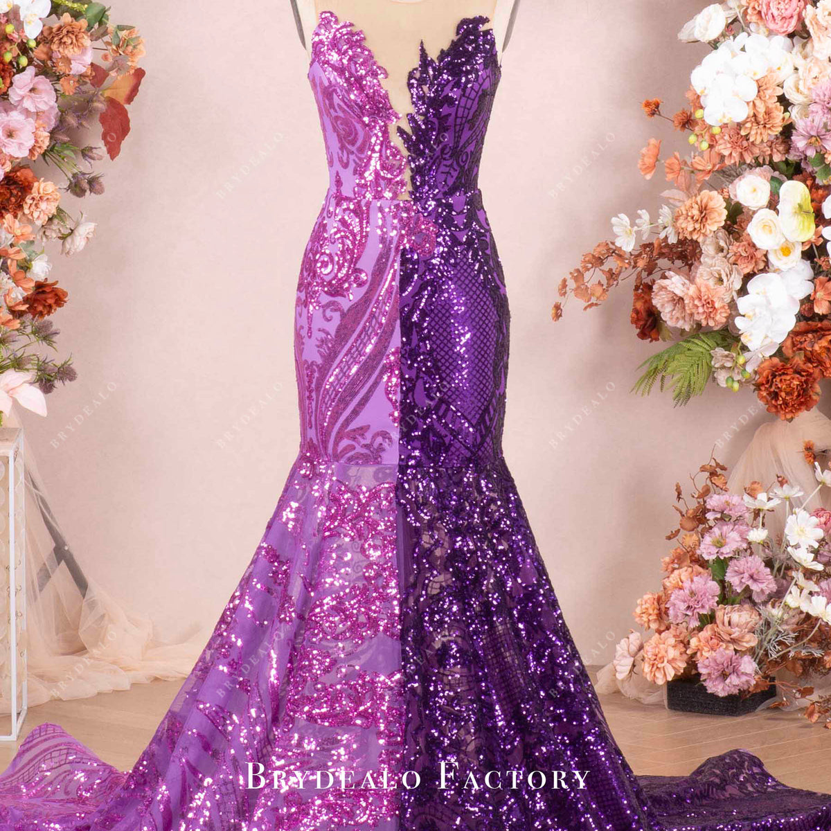 fitted lace wedding dress Dramatic Two-Tone Purple Sequin Split Color Prom Dress