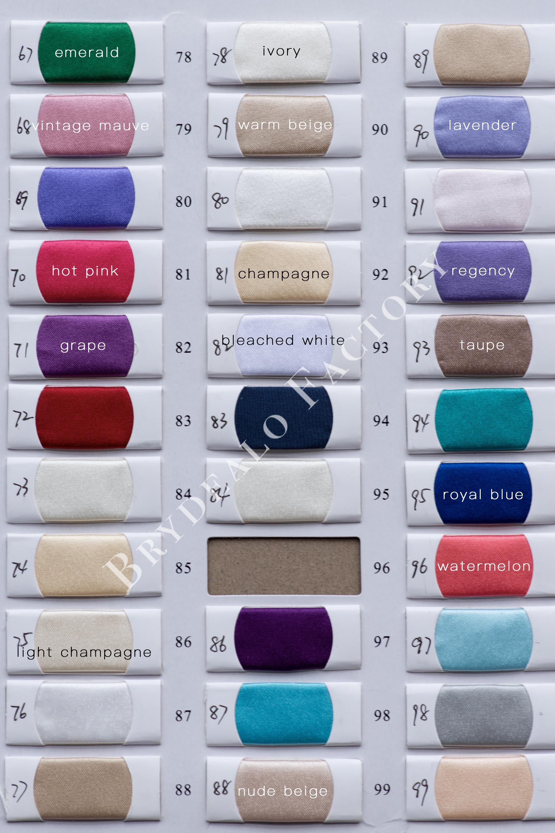 various color satin swatch chart