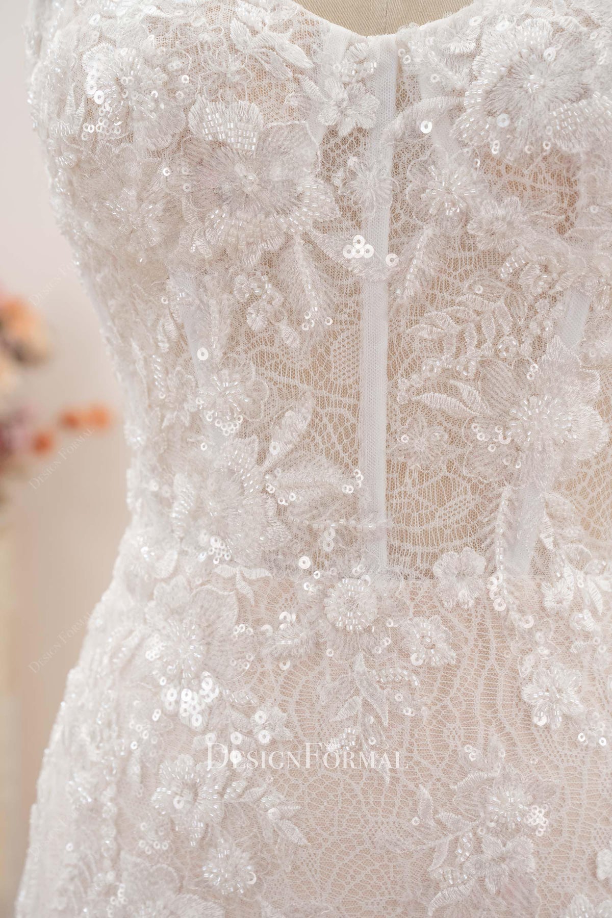 visible bonging beaded lace wedding dress